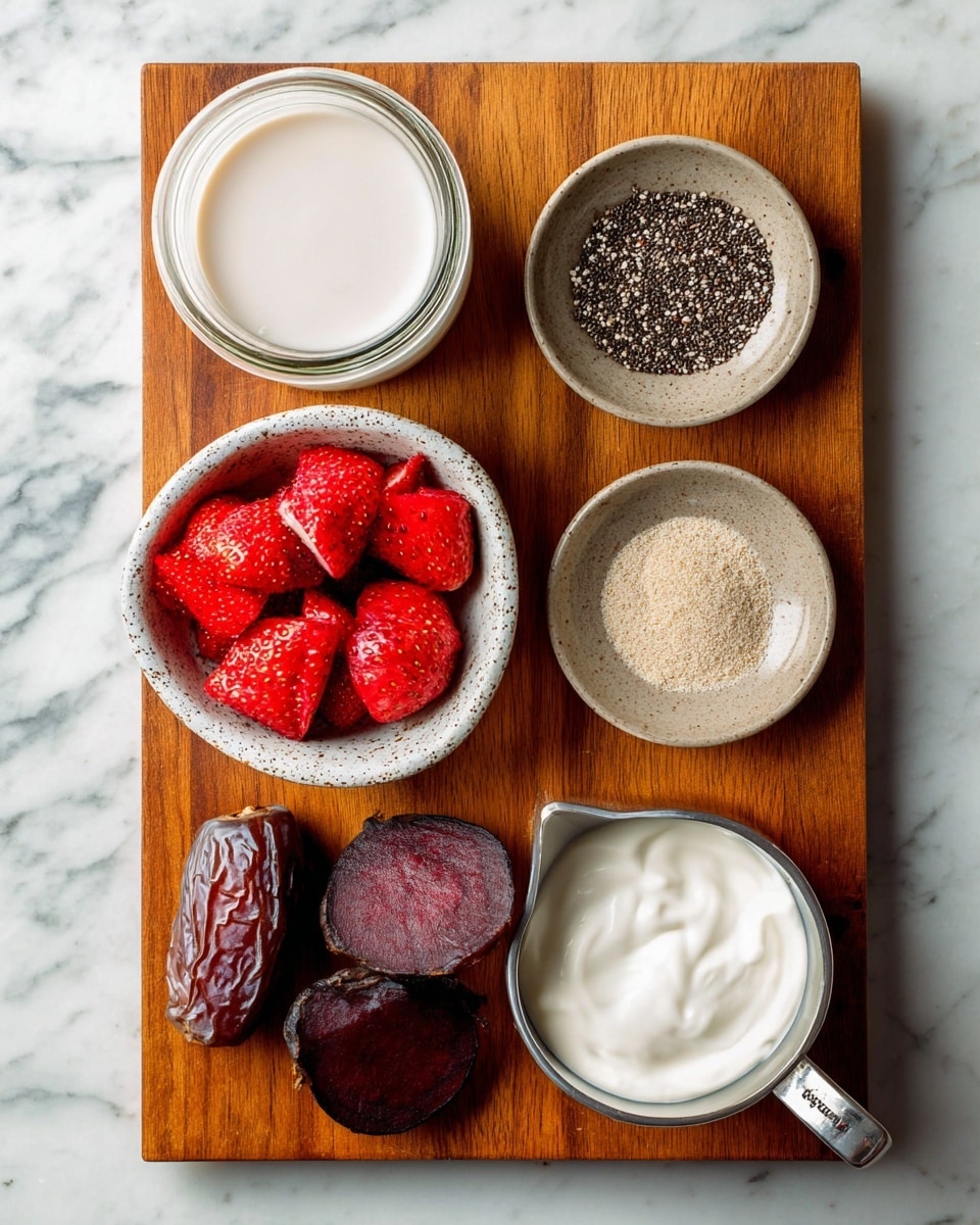 The image shows a wooden board with six bowls and a glass jar arranged neatly on a white marbled surface. The top left glass jar holds a smooth, creamy white liquid. Below it, a speckled white bowl contains bright red, quartered strawberries with a juicy texture. Next to the strawberries, a smaller speckled bowl holds tiny, round black chia seeds. Above this, another speckled bowl is filled with a fine light brown powder. On the right side of the board, two dark brown dates rest beside a small speckled bowl containing a single deep purple beet. Finally, a stainless steel measuring cup filled with thick white yogurt is placed on the bottom right of the board. Photo taken with an iphone --ar 4:5 --v 7