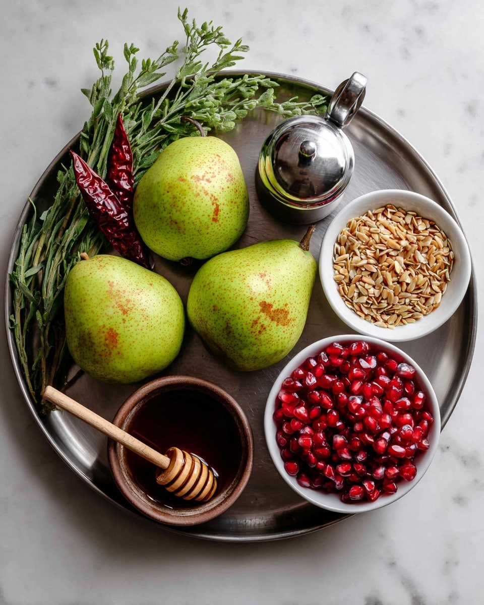 A white plate with a thin brown line around the edge holds a peeled half pear placed in the center. The pear is topped with a mix of small red pomegranate seeds and chopped nuts. Around the pear, there are dark brown balsamic glaze swirls forming a circle and some splashes. Four green parsley leaves are placed evenly spaced around the pear on the plate. The plate is set on a white marbled surface. To the side, a white folded napkin with lace edges is tied with string, holding a dried orange slice and a small rosemary sprig. A silver knife and fork lie next to the napkin. Photo taken with an iphone --ar 4:5 --v 7