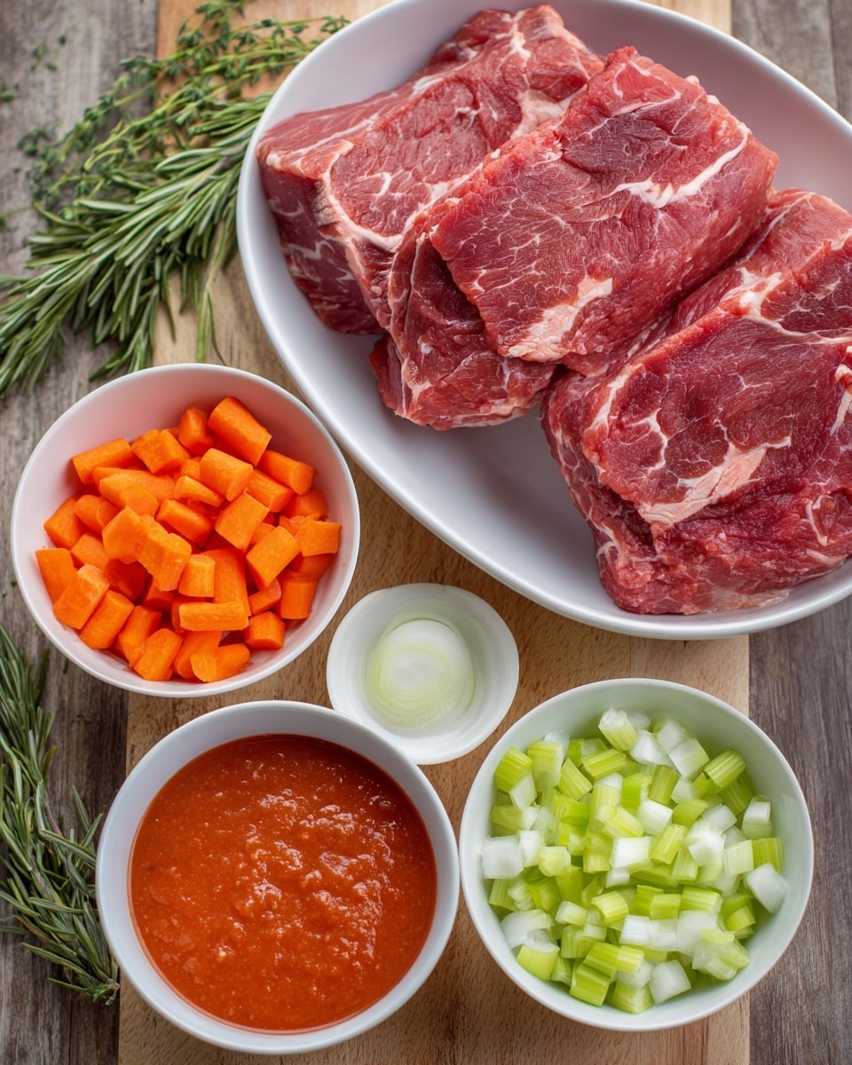 In the image, there is a white bowl with three large pieces of raw red meat with some white marbling placed on a wooden surface. Around the bowl, there are smaller white bowls filled with bright orange chopped carrots, light green chopped celery, and white chopped onions, along with a white bowl of red tomato sauce that looks smooth and thick. The bowls are all placed close together on a wooden surface with some sprigs of herbs nearby. photo taken with an iphone --ar 4:5 --v 7
