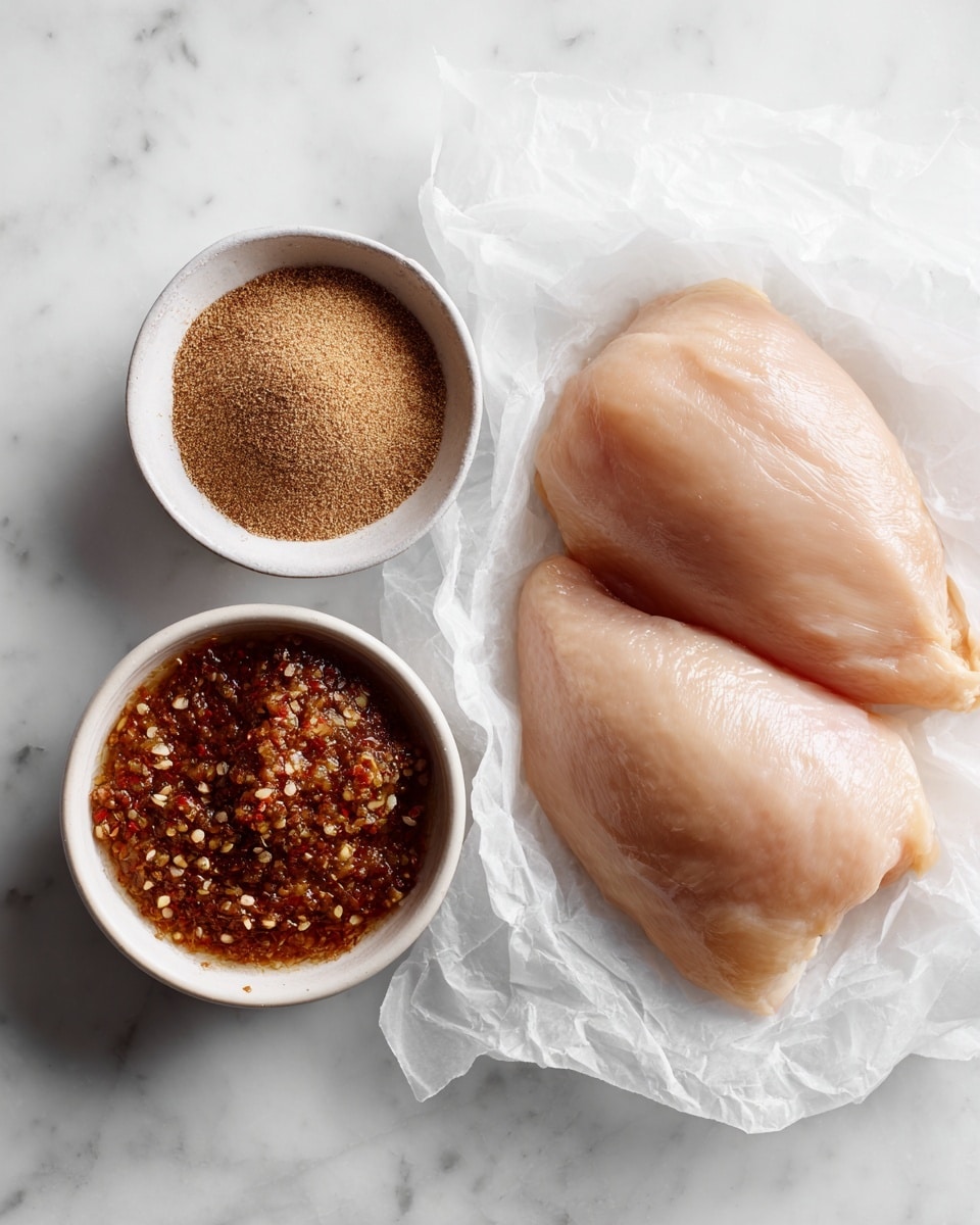 The image shows three main items on a white marbled surface. On the right side, there are two large raw chicken pieces placed on white crumpled parchment paper, their smooth texture and pale pink color visible. In the middle, there is a small white bowl filled with a fine brown spice powder, evenly spread. On the left, another white bowl contains a coarse, chunky reddish-brown sauce with visible bits of herbs and spices, giving it a textured look. The bowls are close but separate from the chicken pieces. Photo taken with an iphone --ar 4:5 --v 7
