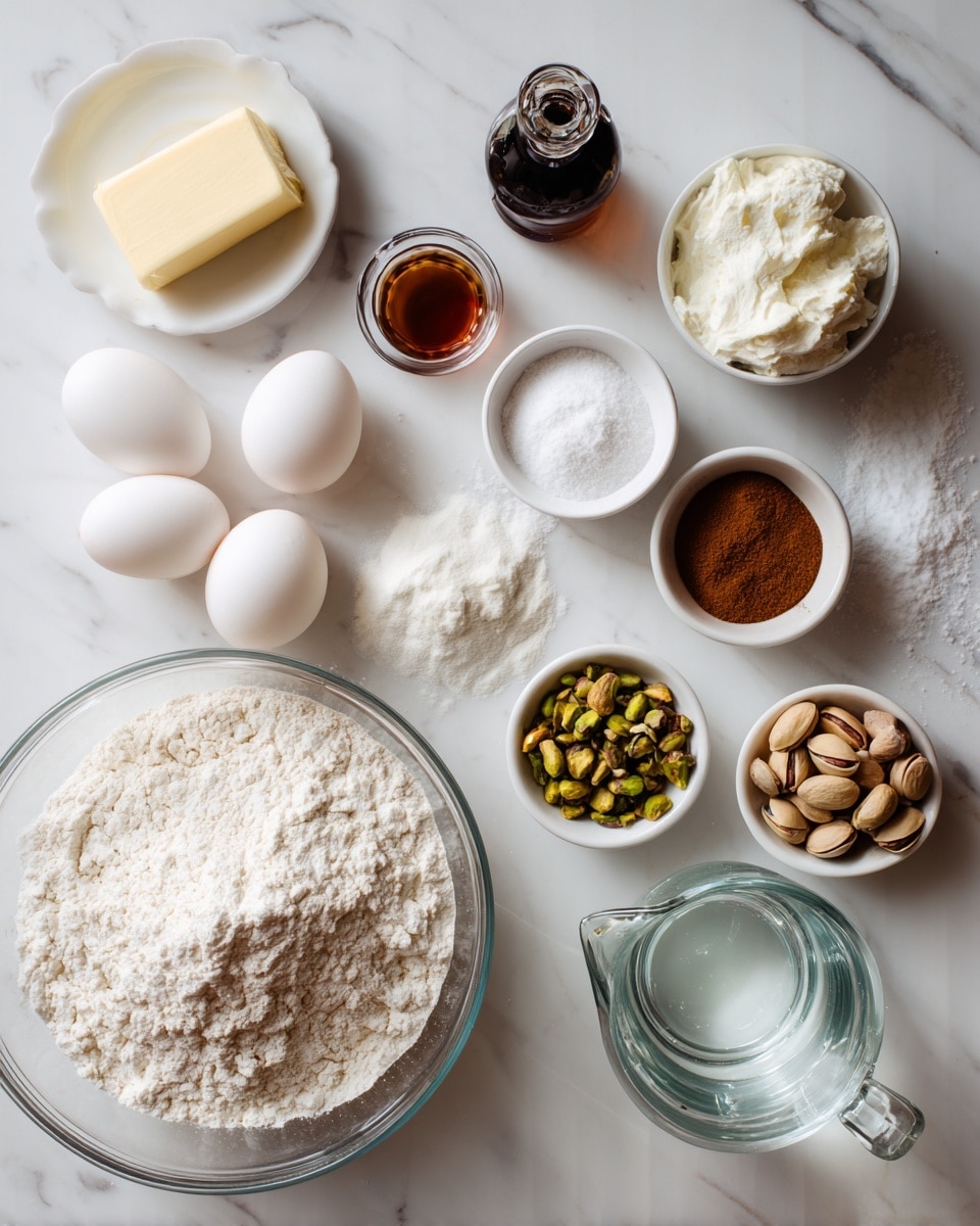 A flat lay of baking ingredients arranged on a white marbled surface, including a large glass bowl of white flour on the bottom left, three white eggs near the center, and small white bowls containing brown sugar, white cream, pistachios, powdered sugar, and baking powder scattered evenly around. A stick of butter rests on a small white dish at the top left, a small glass bottle of dark vanilla extract is positioned near the center, and a clear glass measuring jug filled with water is placed on the right side. The overall look is clean and organized with soft natural light. photo taken with an iphone --ar 4:5 --v 7