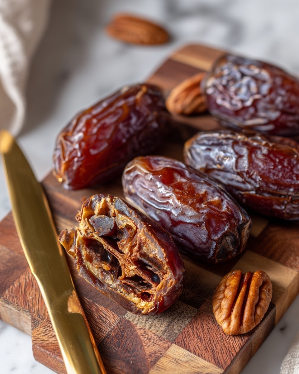 The image shows a close-up of several brown dried dates with a shiny, wrinkled texture, arranged on a wooden cutting board with a patchwork pattern. One date is cut open in the front, revealing its inside layers and a removed pecan nut placed next to it. A gold-colored knife lies next to the open date, its blade reflecting the light. The background is a white marbled texture. photo taken with an iphone --ar 4:5 --v 7