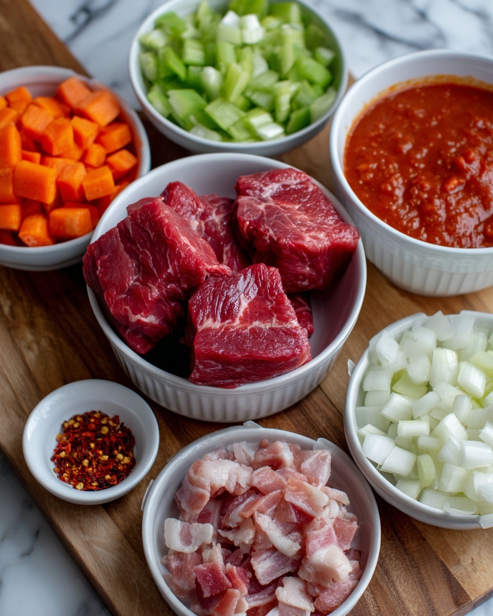 Four photos in a red cast iron pot with a white inside and a white marbled surface background show cooking stages of a beef stew. Top left shows three large brown seared beef pieces with a dark crust sitting in light brown oil. Top right shows a thick tomato-based sauce with small diced orange carrots, green celery, and a bay leaf floating in the chunky red liquid. Bottom left returns to the beef sitting on top of the sauce, with the meat dark brown and the sauce visibly thicker with carrots and celery. Bottom right shows the beef more broken down and deeply browned, almost submerged in the thick, chunky sauce with finely diced vegetables all around photo taken with an iphone --ar 4:5 --v 7