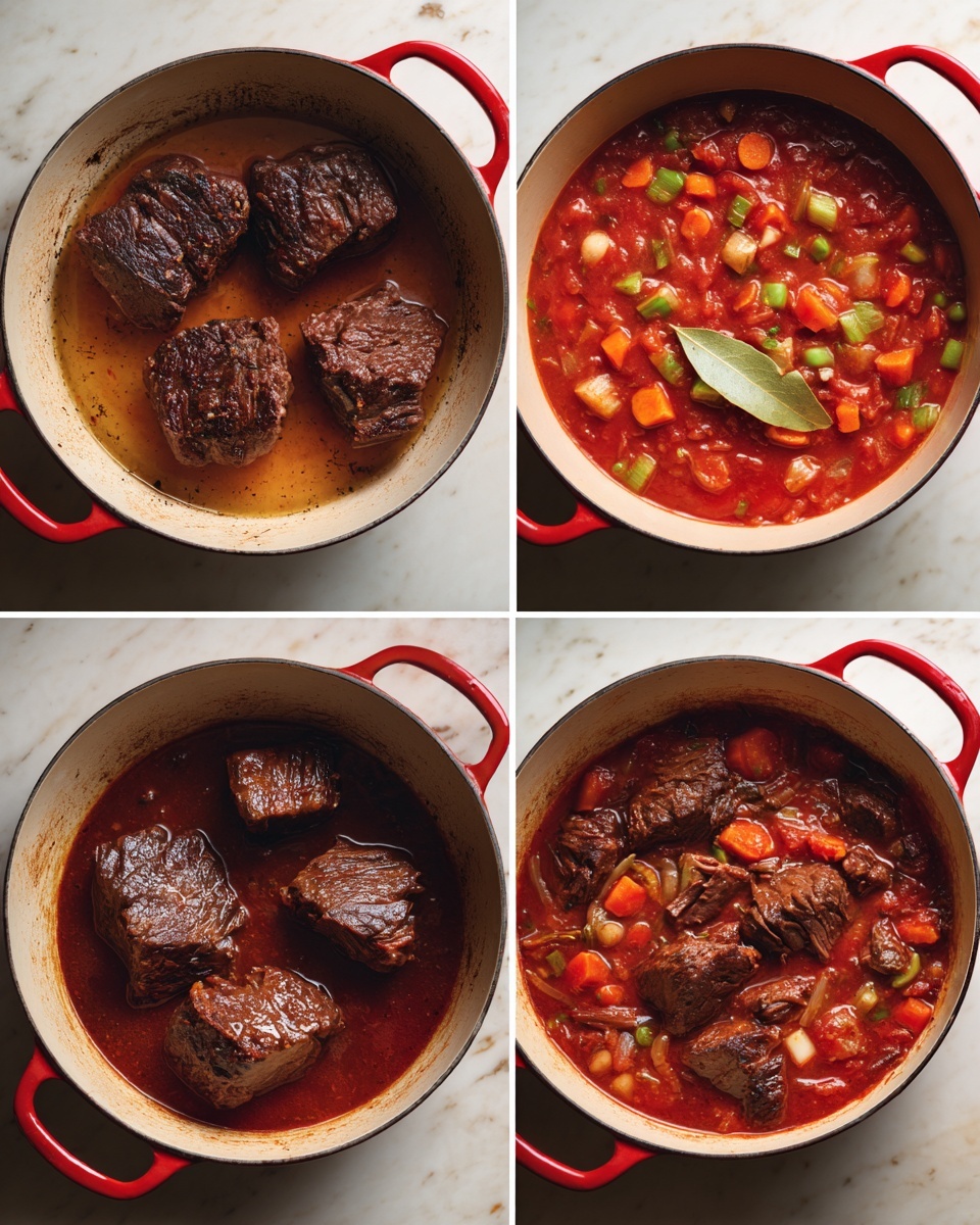 The image shows several white bowls placed on a wooden board, each filled with different raw ingredients: one bowl in the center contains three large, red pieces of raw beef with visible marbling; above it, a bowl holds smooth, red tomato sauce with some texture; to the left are bowls with small orange carrot cubes, bright green celery cubes, and finely chopped white onions; below the beef bowl is a smaller bowl filled with small pieces of raw bacon showing pink and white fat layers; a small white bowl with red chili flakes is also visible. The background is a white marbled surface. photo taken with an iphone --ar 4:5 --v 7