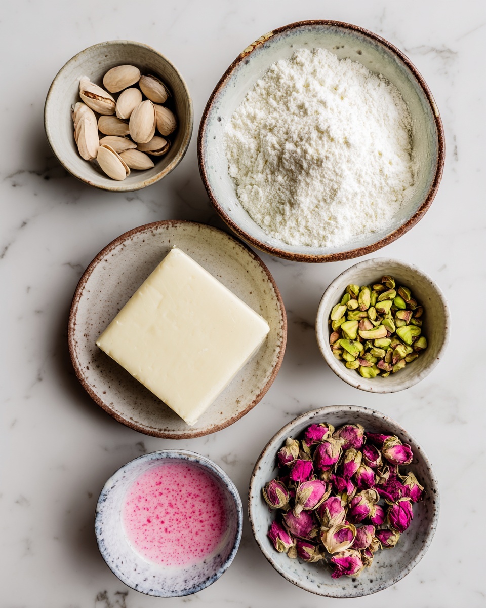 A collection of six small bowls are arranged on a white marbled surface, each filled with different ingredients. The largest bowl holds a fluffy white powder, and next to it is a white bowl with a solid pale yellow block. Surrounding these are four smaller bowls: one with bright pink liquid, one with chopped green pistachios, one with dried pink rosebuds, and one empty. The bowls are ceramic with a rustic glaze. Photo taken with an iphone --ar 4:5 --v 7