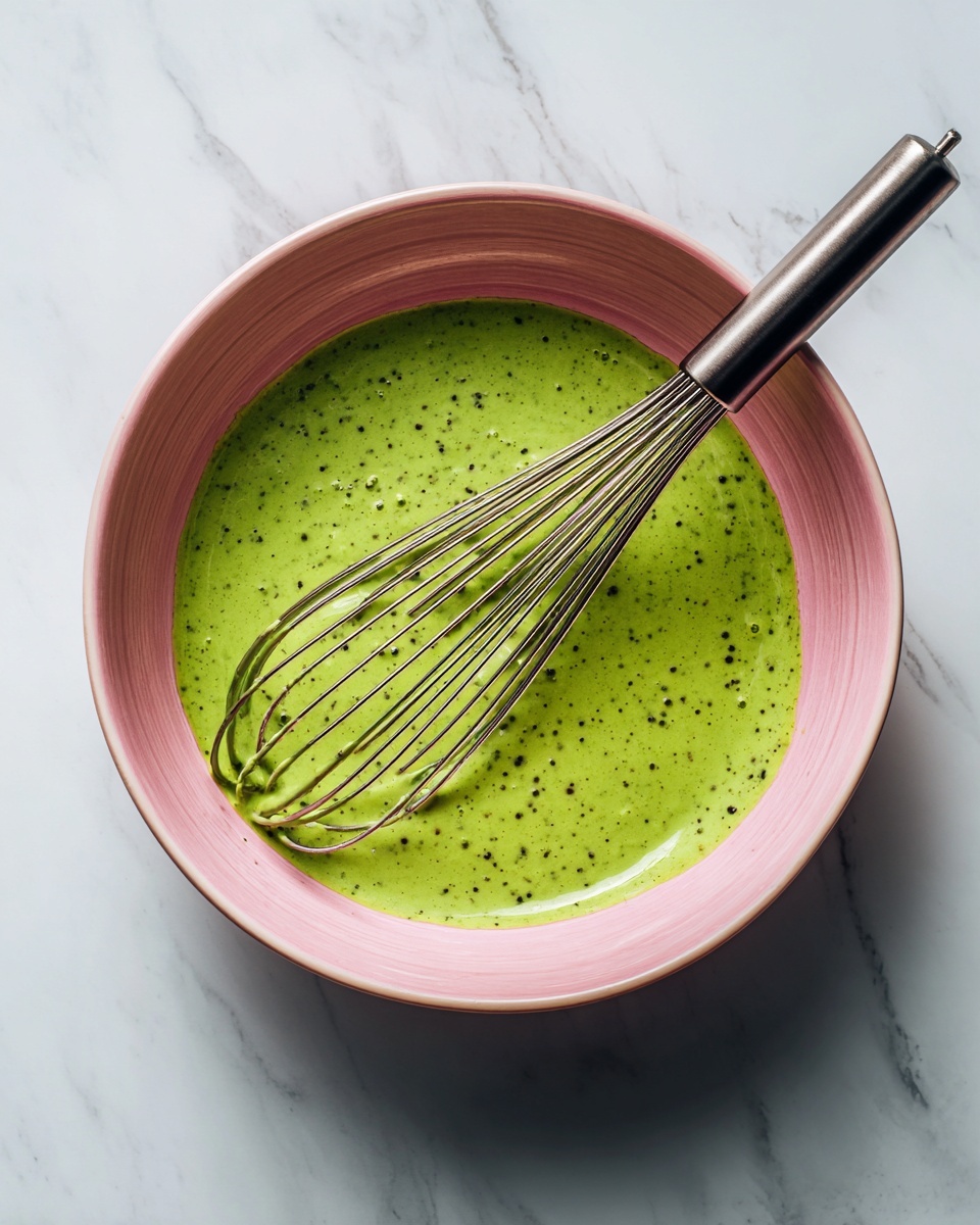 A pink bowl filled with a thick, bright green mixture that looks smooth with small chunks and black specks inside. A metal whisk with a black handle rests in the green mixture, partially dipped. The bowl is placed on a white marbled surface. photo taken with an iphone --ar 4:5 --v 7