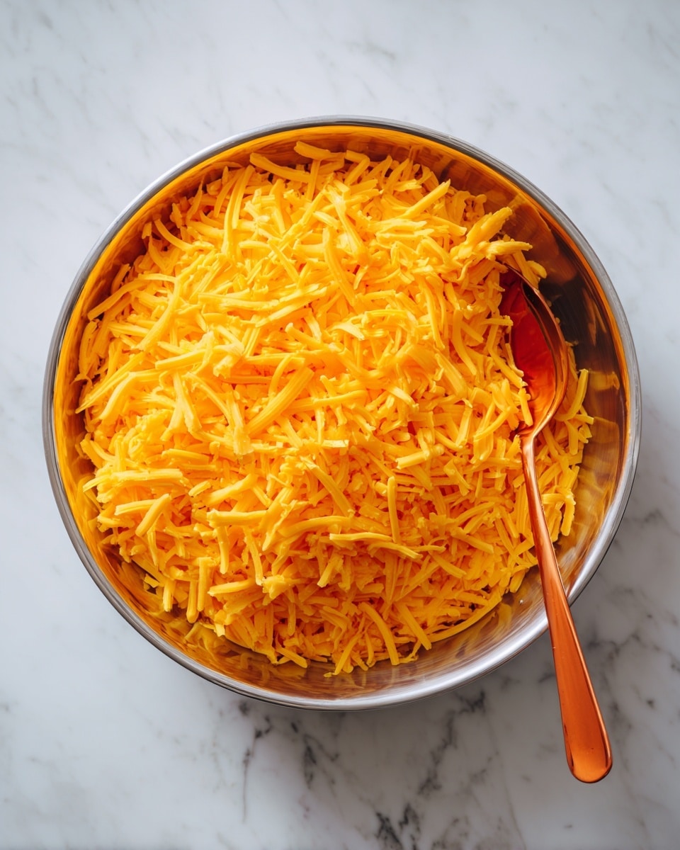 A shiny metal bowl filled with a large amount of bright orange shredded cheese that covers the entire inside surface of the bowl, showing a soft texture with some strands sticking out. A matching orange spoon is partially buried on the right side of the cheese. The bowl is placed on a white marble surface. photo taken with an iphone --ar 4:5 --v 7