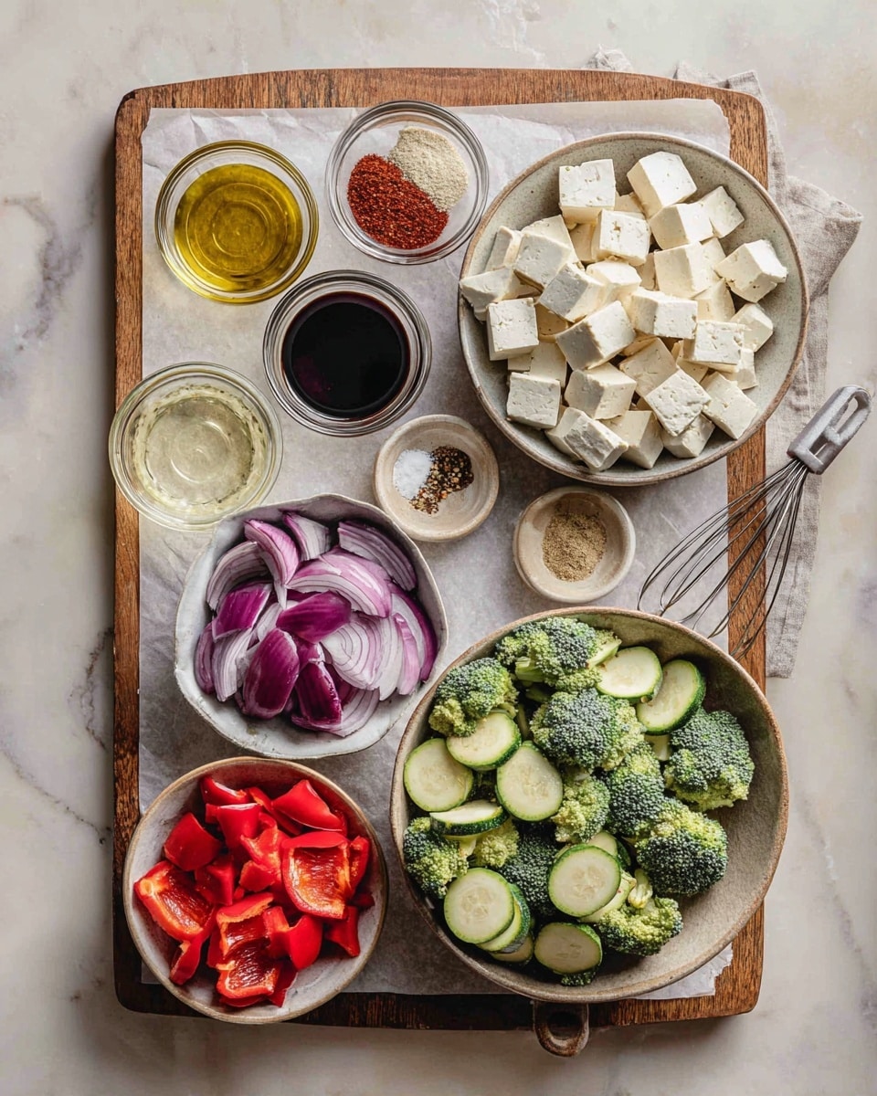 A white bowl is filled with three main layers: the base layer is light brown rice with a soft, loose texture; on top of the rice to one side, there is a colorful mix of cooked vegetables including bright green broccoli, dark green zucchini slices, red bell pepper pieces, and brown mushrooms, all slightly charred with a roasted texture; alongside the vegetables, there are golden brown small cubes of tofu with some darker grilled edges. A creamy light beige sauce is drizzled over the tofu and vegetables. A silver fork rests on the right edge of the bowl, and the bowl sits on a white marbled surface next to a white plate of plain brown rice and a metal pan with some roasted vegetables in the top right corner. Photo taken with an iphone --ar 4:5 --v 7