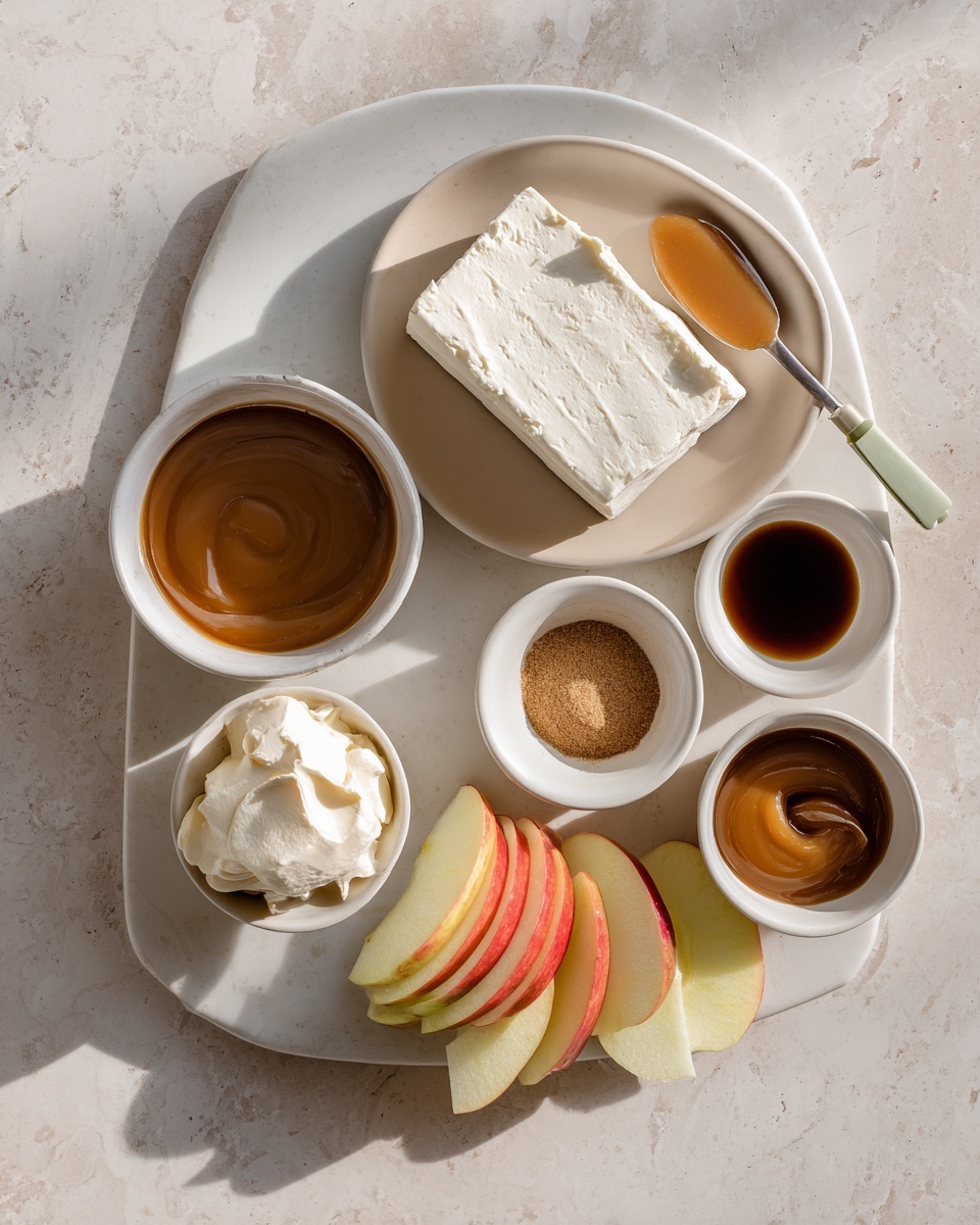 The image shows a white oval dish with three layers: the bottom layer is a light caramel color, the middle layer is a glossy dark caramel layer, and the top layer is sprinkled with chopped peanuts. Around the dish, there is a white bowl with orange-brown salted pretzels, a white bowl with red and green apple slices, a whole green apple, and part of a green apple, all placed on a white marbled surface. The scene is bright and clean, highlighting the rich textures and colors of the caramel dip and snacks, photo taken with an iphone --ar 4:5 --v 7