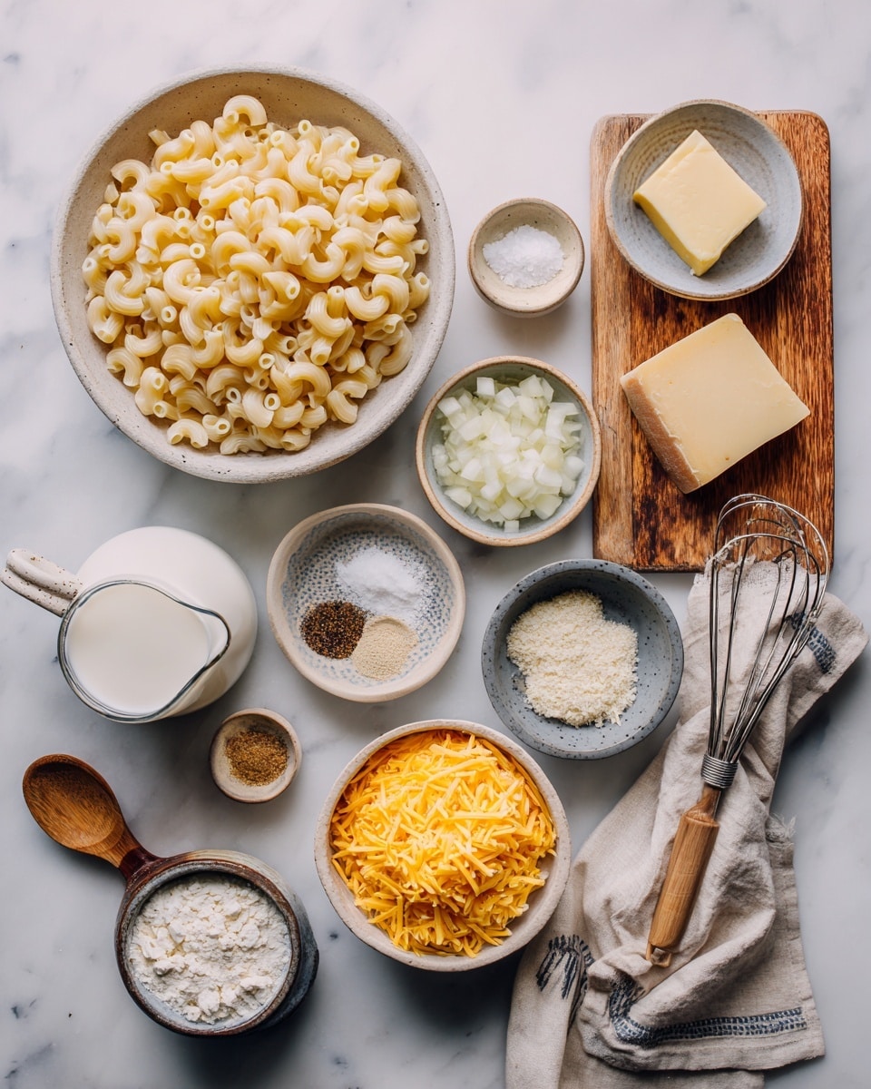 A close-up view inside a black pot shows a layer of cooked, translucent diced onions with a soft yellow tint evenly spread along the bottom and partially up the sides. On top of the onions is a layer of thick white cream, some of it gently melted and mixed around the onions. From above, a stream of light beige liquid is being poured into the center of the pot, creating a soft contrast against the creamy white and yellow onion base. The pot sits on a light blue and white cloth, placed on a wooden surface, but the background is changed to a white marbled texture in the final image. Photo taken with an iphone --ar 4:5 --v 7