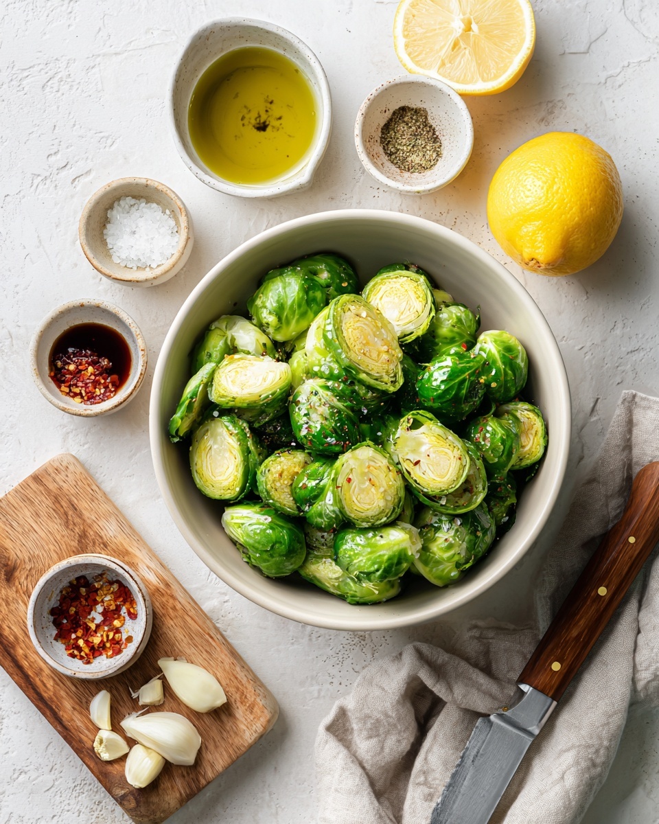 Air Fryer Brussels Sprouts Recipe 4 The image shows a white ribbed plate filled with roasted Brussels sprouts that are golden brown on the edges and mixed with small scattered green parsley leaves. There are thin slices of bright yellow lemon placed on top and around the Brussels sprouts for garnish. The plate sits on a folded white and orange striped cloth on a white marbled surface. Around the plate, there is a small white bowl filled with chopped green herbs, a small cup with grated cheese, sprigs of parsley, a glass of water, and three silver forks. The light is bright and natural, highlighting the textures and colors of the roasted Brussels sprouts. photo taken with an iphone --ar 4:5 --v 7
