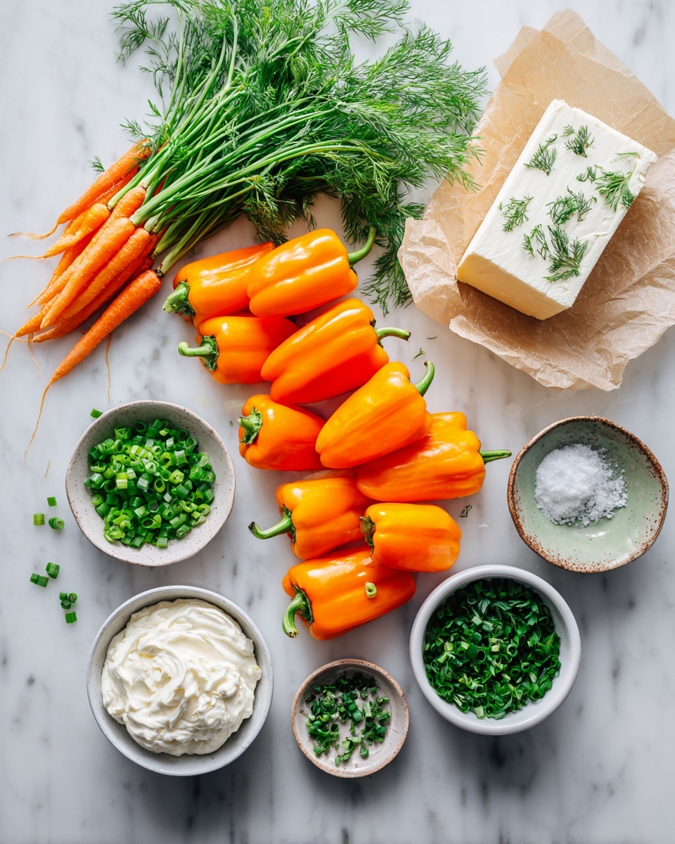 Three orange mini bell pepper halves are placed on a white marbled surface, each filled with a creamy white spread mixed with small green herb pieces. A fresh, bright green dill sprig sticks out from the thick filling of each pepper half. The peppers are arranged vertically with some space between them, showing their smooth, shiny skin on the outside and the textured creamy filling inside. photo taken with an iphone --ar 4:5 --v 7