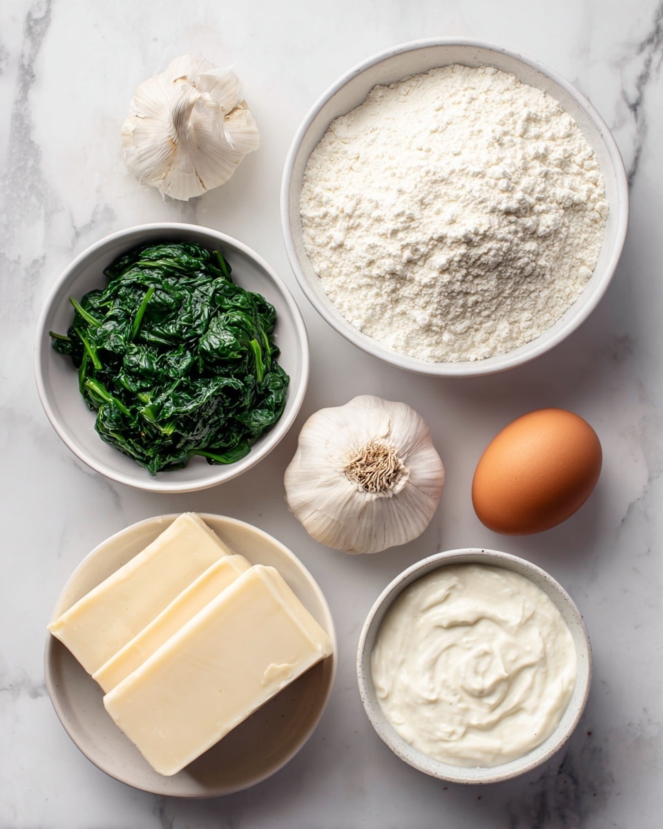 The image shows six cooking ingredients arranged on a white marbled surface. At the top right, a white bowl is filled with a fine white powder, likely flour. Below it to the left, a white bowl contains finely chopped dark green spinach. To the right of the spinach bowl is a round bulb of garlic and next to it is a brown egg. Below these, a small white bowl holds a creamy white substance, likely yogurt. At the bottom left, there are two blocks of cheese, one off-white and the other pale yellow, placed side by side. Photo taken with an iphone --ar 4:5 --v 7