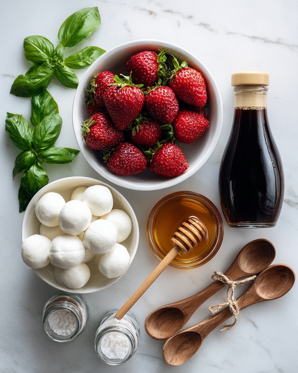 A white bowl filled with many red strawberries with green tops is placed next to a small glass jar of golden honey with a wooden honey dipper resting inside. Below the strawberries, there is a bottle of dark balsamic vinegar with a beige cap. To the left, a white bowl contains small white mozzarella balls. Fresh green basil leaves are laid out around the bowls and bottles. Next to the bowl of mozzarella, there is a clear salt and pepper shaker. Below all of these, a set of four wooden measuring spoons tied with a string is placed on the white marbled surface. photo taken with an iphone --ar 4:5 --v 7