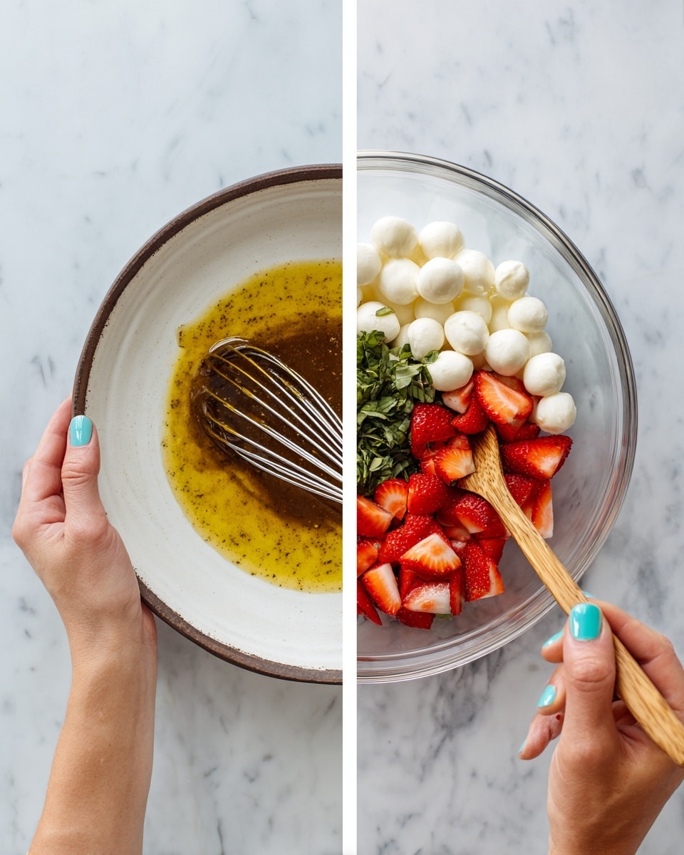 The image shows two side-by-side photos. On the left, a white plate with a dark rim sits on a white marbled surface, holding a mix of yellow and dark brown sauce being stirred quickly by a woman's hand holding a whisk. The sauce appears smooth and glossy. On the right, a clear glass bowl also on a white marbled surface contains three layers of ingredients: bright green chopped basil leaves on the left, white small mozzarella balls in the middle, and vibrant red sliced strawberries on the right. A woman's hand with blue-green nail polish holds a wooden spoon inside the bowl. photo taken with an iphone --ar 4:5 --v 7