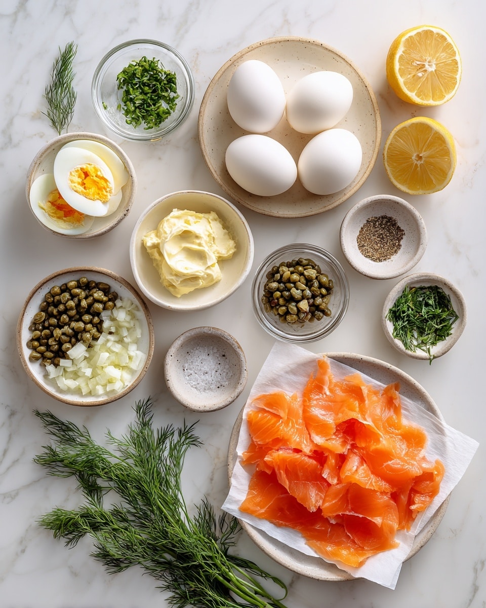 The image shows several halved boiled eggs arranged closely on a white plate with a white marbled texture background. Each egg half has three layers: the smooth white egg white as the base, a creamy, pale yellow filling with a soft texture layered on top, and a piece of bright orange smoked salmon placed on the filling. Each egg half is garnished with small green capers and fresh green dill sprigs, and there are some black pepper specks scattered on and around the eggs. The presentation is clean and fresh with a mix of smooth and textured elements. Photo taken with an iphone --ar 4:5 --v 7
