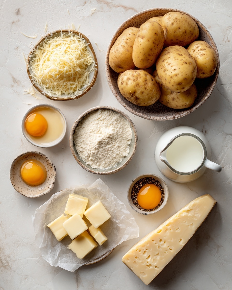 The image shows a white plate filled with seven golden brown duchess potatoes, each shaped in a swirl pattern with a lightly crispy texture on the edges and a soft, smooth interior. The potatoes are sprinkled with finely chopped fresh green herbs scattered over and around them, adding a touch of color contrast. The plate sits on a white marbled surface with a textured beige fabric partially underneath it, and a shiny metal spatula with a small part of a striped white cloth is visible at the top right. Photo taken with an iphone --ar 4:5 --v 7
