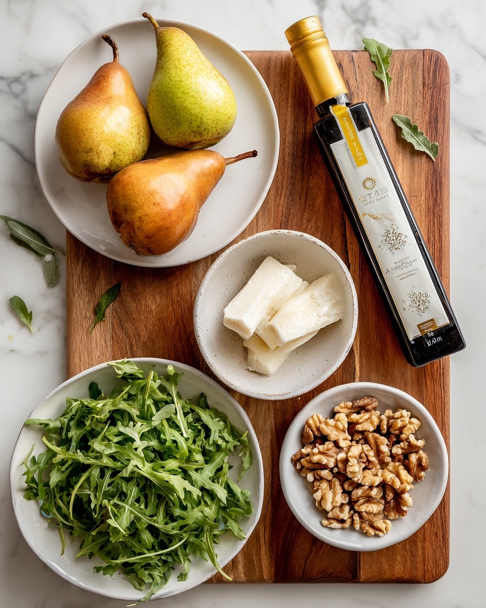 Small skewers arranged on crumpled white paper on a white plate, each skewer has three main layers: a light brown toasted fruit piece on the top, fresh dark green leafy arugula in the middle, and a creamy white cheese cube at the bottom. There are small pieces of golden brown walnuts atop the cheese, and dark balsamic glaze drops scattered on the paper and skewers for decoration. In the background, a white bowl holds extra walnuts, set on a white marbled surface. photo taken with an iphone --ar 4:5 --v 7