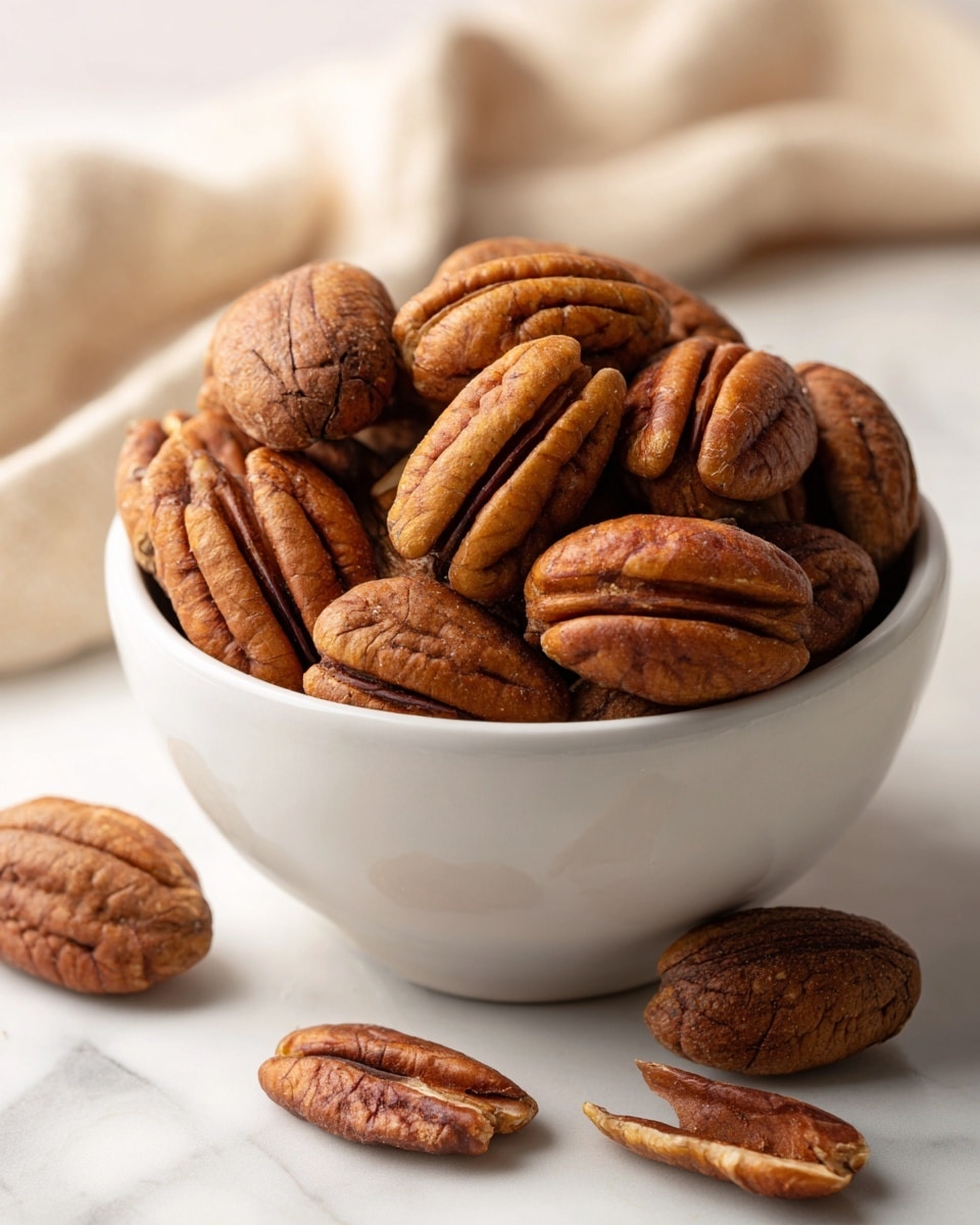 A white bowl filled with large, whole pecan nuts showing their textured, wrinkled brown shells in shades of light and dark brown. A few pecan nuts are scattered casually around the bowl on a white marbled surface, adding depth and natural contrast. In the background, there is a soft beige fabric that adds warmth to the simple setting. The photo is clear and bright, focusing on the detailed texture of the nuts. photo taken with an iphone --ar 4:5 --v 7