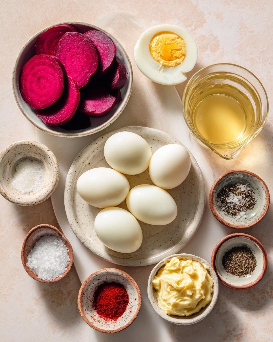 The image shows a white plate holding twelve halved pickled eggs arranged in a circular pattern. Each egg has a bright pink outer layer, transitioning to white towards the center, which is filled with a creamy yellow yolk mixture. The yolk appears soft with a slightly smooth texture, topped with scattered small green chive pieces and a few specks of black pepper. Some additional chives and pepper flakes are scattered around the plate on the white marbled surface. In the background, a smaller white plate holds extra chopped green chives. The bottom right corner shows a white cloth slightly crumpled. Photo taken with an iphone --ar 4:5 --v 7