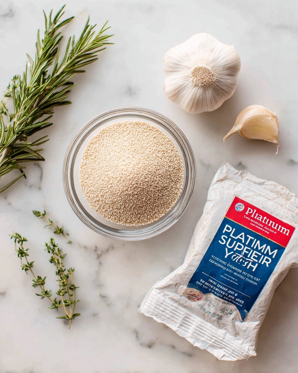 A small clear glass bowl sits in the center filled with light beige granules of instant yeast, surrounded by two peeled garlic cloves to the upper right, a fresh green rosemary sprig to the left, and some small thyme leaves scattered around. Below the bowl, there is a slightly crumpled white packet labeled “platinum superior baking yeast” with red and blue text. All the items rest on a white marbled surface, creating a clean and fresh look. Photo taken with an iphone --ar 4:5 --v 7