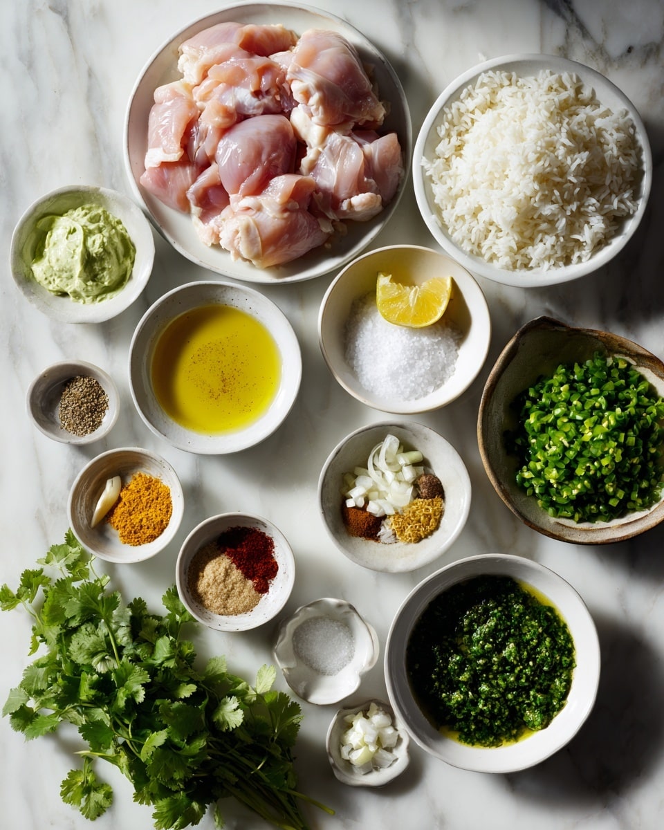 The dish is served on a white plate with three grilled chicken pieces placed on top of a bed of yellow rice mixed with green peas. The chicken has charred grill marks and is drizzled with a light green creamy sauce and sprinkled with fresh chopped herbs. To the right side on the plate, there is a small white bowl filled with the same green sauce, topped with a few black pepper specks. A silver spoon rests on the left side of the rice. The plate is set on a white marbled surface with scattered herbs around. In the top left corner, part of another white plate with grilled chicken is visible along with a small wooden bowl filled with fresh herbs. Photo taken with an iphone --ar 4:5 --v 7