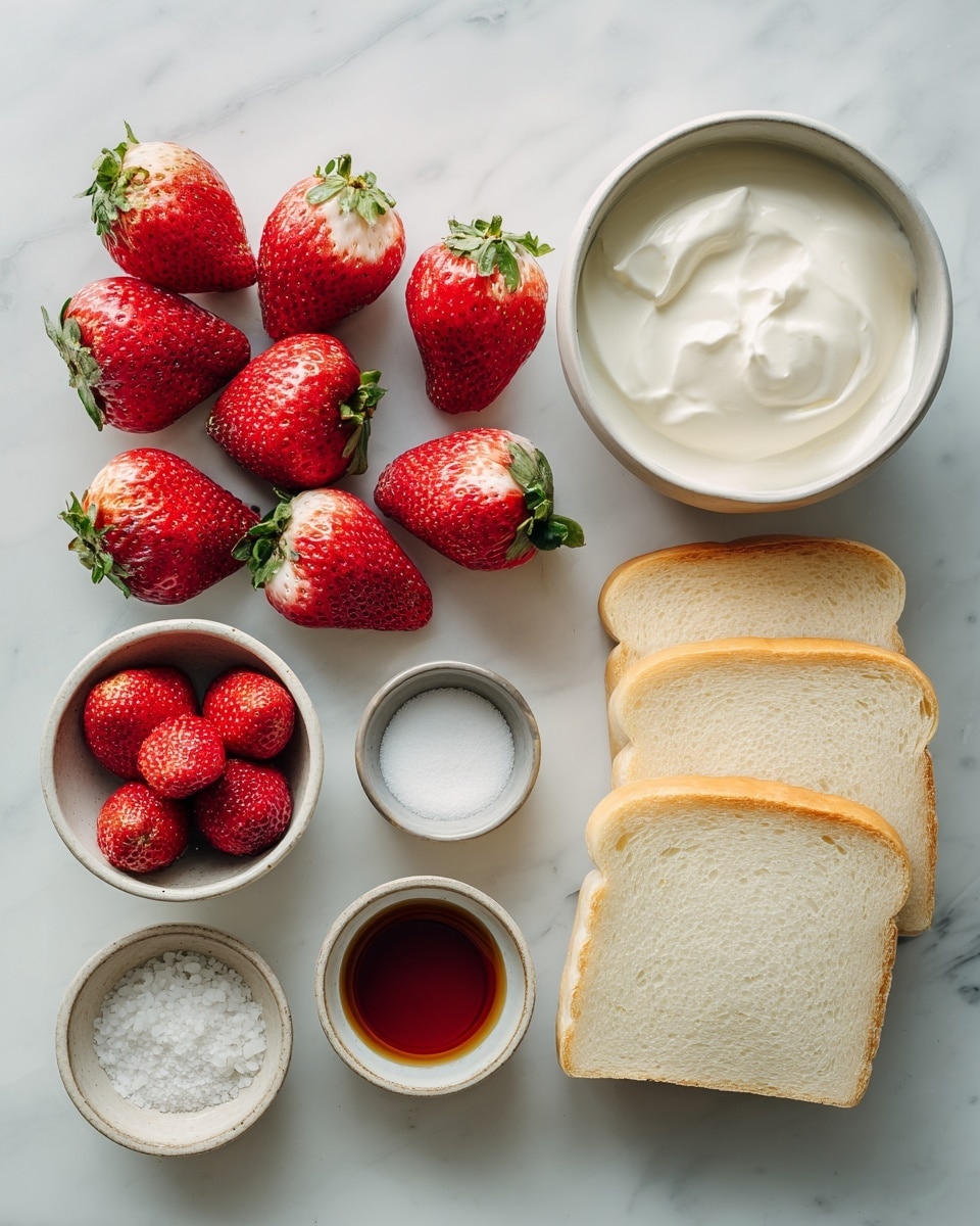 The image shows a square sandwich with three layers: the top and bottom layers are soft, light beige fluffy bread, and the middle layer is thick white whipped cream with several bright red strawberry slices pressed into it, clearly visible on the sides. The sandwich sits on a white marbled surface with a clean, simple background. photo taken with an iphone --ar 4:5 --v 7
