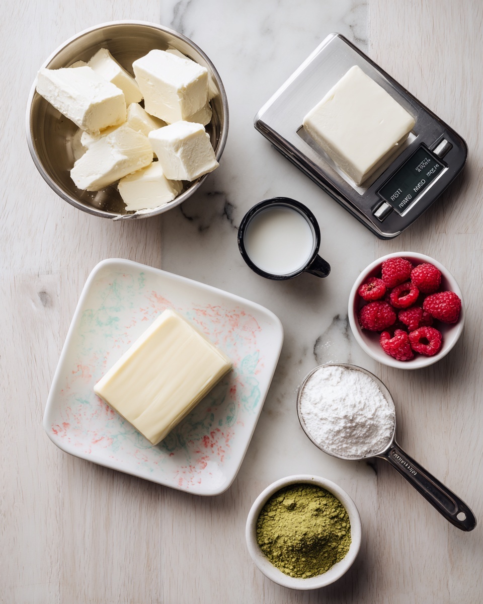Matcha (Green Tea) Truffles Recipe 4 The image shows various ingredients arranged neatly on a light wooden surface. In the top left corner, there is a metal bowl filled with several chunks of white butter, placed on a digital scale. Below this, a small black measuring cup holds a white liquid, likely cream. In the center, a small white plate with a pastel pattern holds a square block of white butter. To the right of the plate, a small white bowl contains bright red raspberries. Next to that, a metal measuring spoon holds white powder, possibly salt. Finally, another small white bowl contains green powder, with a metal spoon resting inside. The entire scene is set on a white marbled surface. Photo taken with an iphone --ar 4:5 --v 7