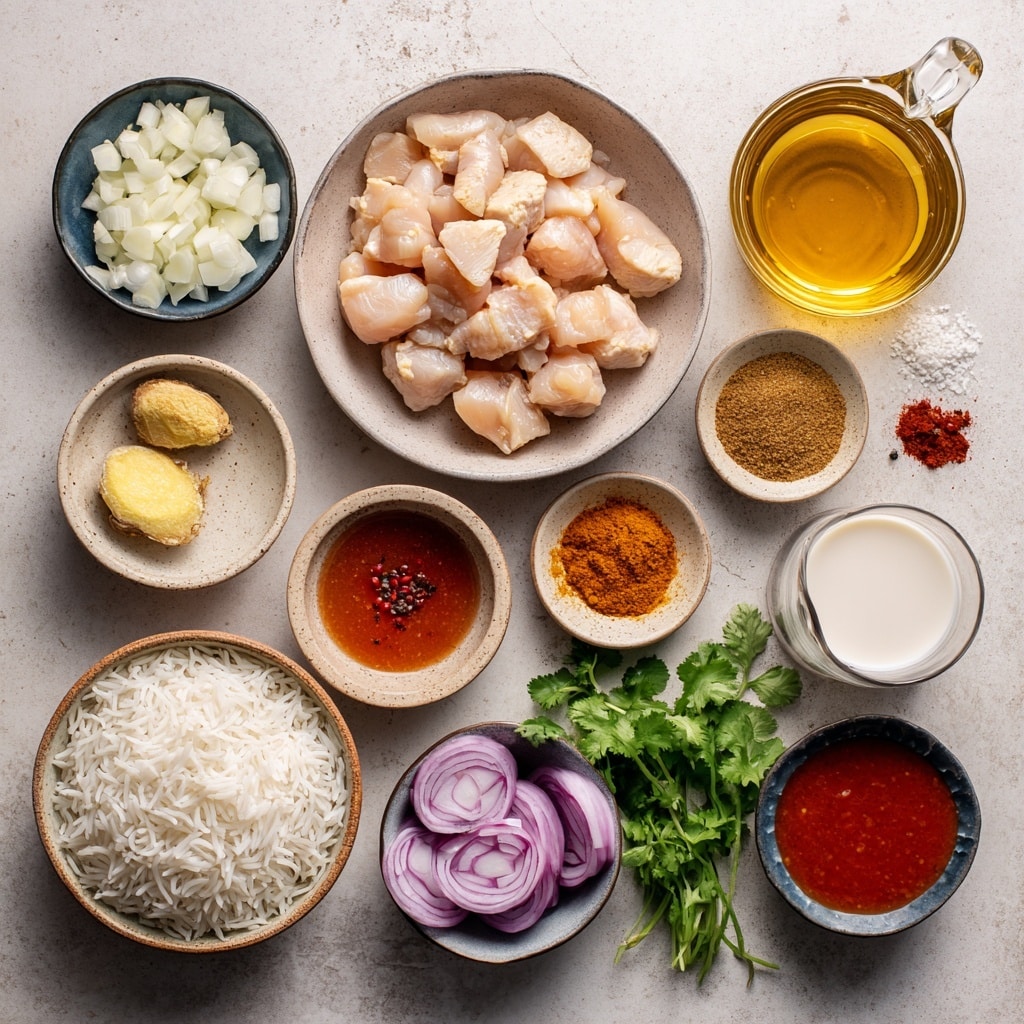 The image shows a cooking process with eight steps in a pan on a stove. First, small raw light pink pieces of chicken sit in the pan on top of a yellow rice layer. Next, the chicken looks cooked with a golden light brown color and the rice is less visible. Third, a pile of brownish-red spices is placed on top of pale cooked chicken pieces. Fourth shows the chicken fully cooked to a rich dark brown color with a dry texture. The fifth step shows a woman's hand pouring thick red tomato sauce from a glass jar into the pan. Sixth, the thick bright red tomato sauce covers the dark brown cooked chicken pieces. Seventh, a creamy white liquid is poured over the tomato sauce and chicken, blending slightly with the red sauce below. Finally, the sauce mixture bubbles gently in the pan, showing the sauce thickened and combined with the cooked chicken beneath. The pan rests on a white marbled surface. photo taken with an iphone --ar 4:5 --v 7