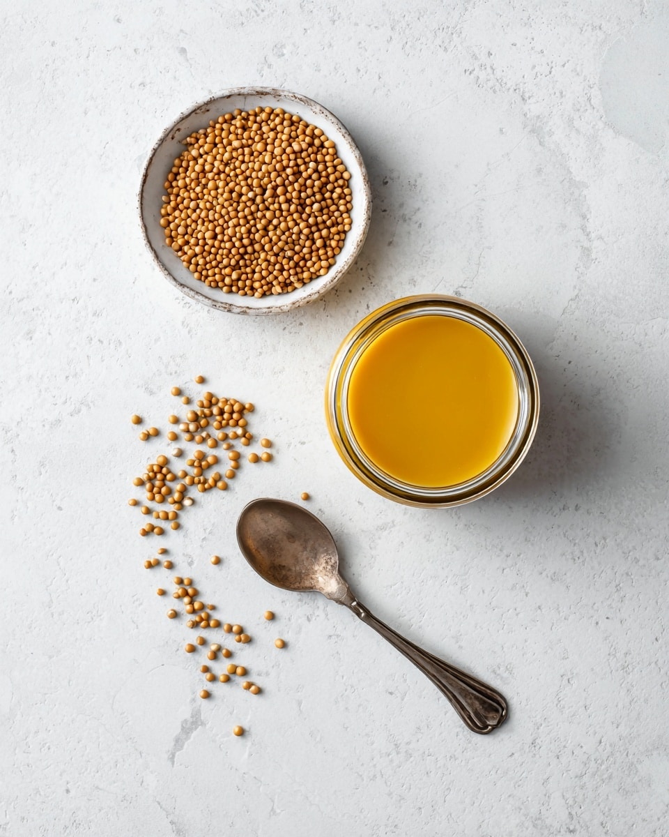 A small, clear glass bowl holds a thick cluster of dark brown mustard seeds, which look wet and shiny. Next to it, a silver spoon also holds some of the mustard seeds, reflecting light on its smooth, polished surface. In the upper part of the image, there is a blurred bottle with a yellow and dark purple label that reads balsamic vinegar. All items rest on a white marbled texture surface, which gives a clean and fresh look to the photo. photo taken with an iphone --ar 4:5 --v 7