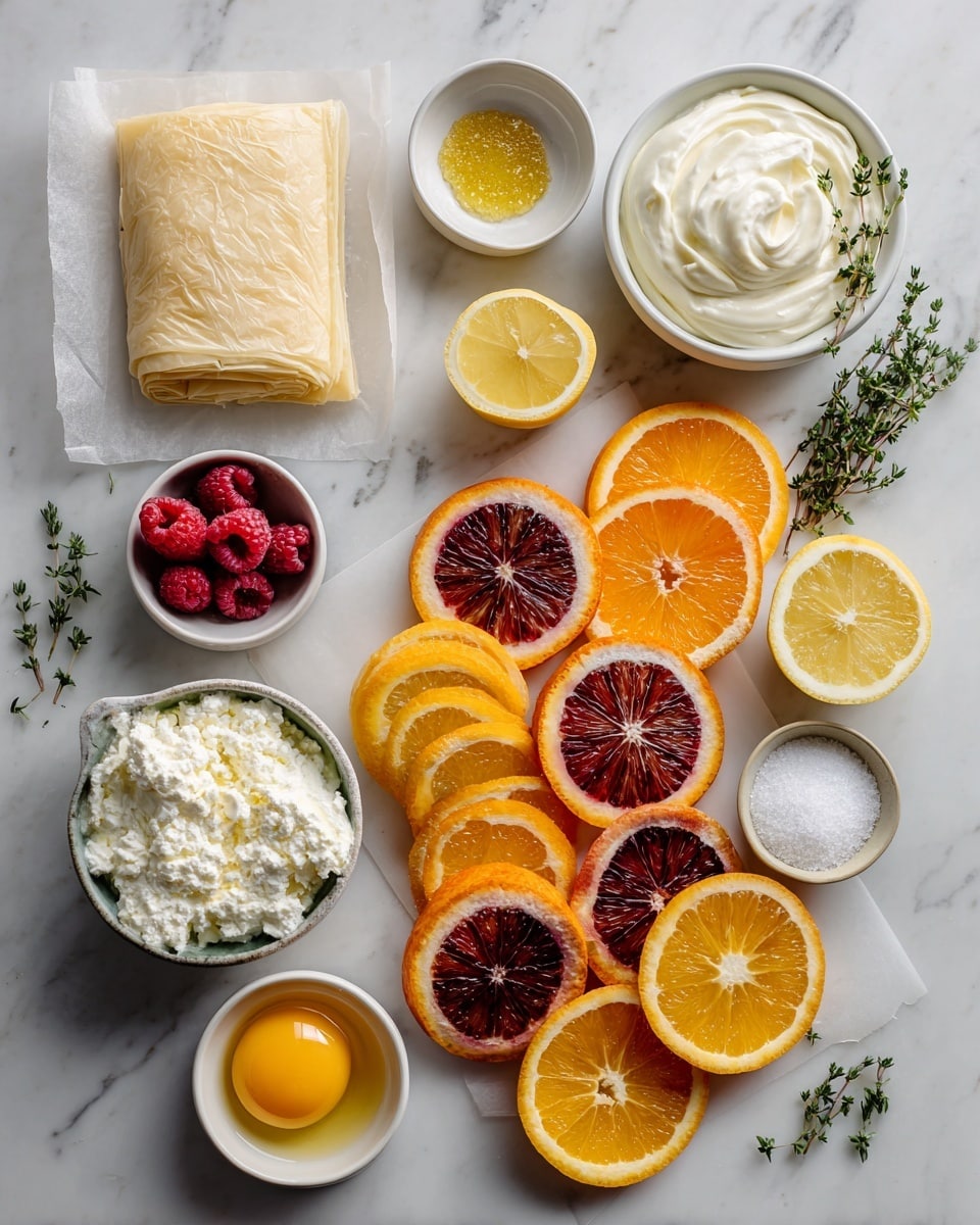 A rectangular tart with a thick, golden-brown crust sprinkled with coarse sugar on the edges is topped with a smooth, white creamy layer that fills the center of the tart. On top of the cream, there are thin, circular slices of blood orange with bright red, deep red, and orange hues layered slightly over each other across the tart. Small fresh green herb leaves and a few scattered raspberries add pops of color and texture. The tart is placed on a piece of parchment paper on a white marbled surface, with a few fresh citrus fruits and a honey dipper to the side. Photo taken with an iphone --ar 4:5 --v 7