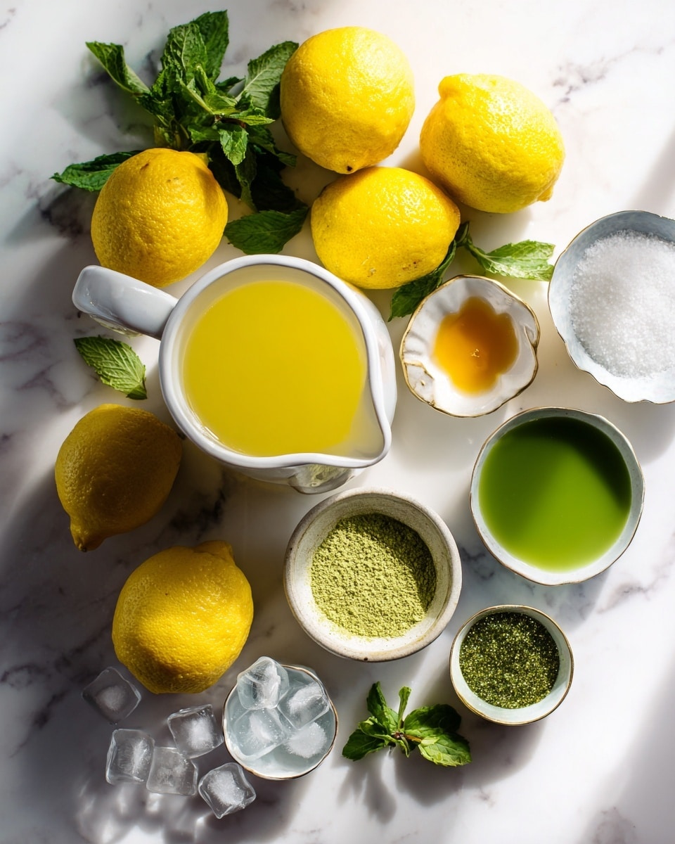 A tall clear glass filled with bright green liquid and ice cubes, with a rim coated in green sugar crystals. On top, a lemon slice is placed on the rim along with a small bunch of fresh green mint leaves. The background shows blurred lemons and greenery on a white marbled surface. Photo taken with an iphone --ar 4:5 --v 7