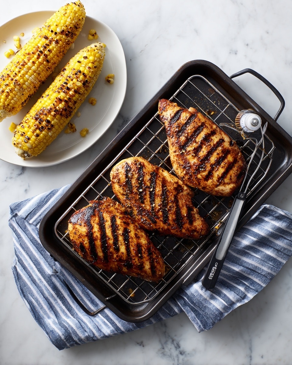 The image shows three grilled pieces of chicken with dark grill marks on a black metal rack placed on a black baking tray, with a meat thermometer inserted in one piece. Below the tray is a blue and white striped cloth. To the left, there is a white plate with two grilled corn cobs that have some charred spots. The surface beneath everything is a white marbled texture. photo taken with an iphone --ar 4:5 --v 7