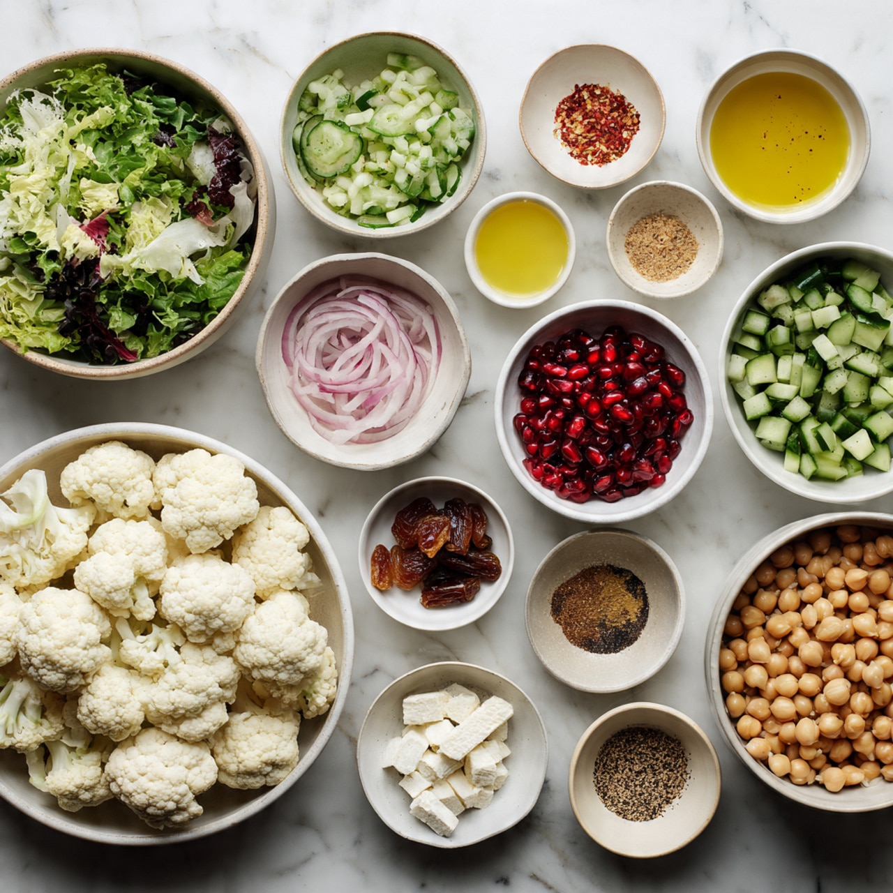 A top-down view of many small white bowls and plates arranged on a white marbled surface, each holding fresh ingredients: one large white plate filled with white cauliflower florets at the bottom, a white bowl with mixed green leafy salad to the left, a white bowl with chopped cucumber pieces to the right, and a white bowl filled with beige chickpeas near the right edge. Smaller white bowls hold varied items like chopped parsley, pink thinly sliced shallots, red pomegranate seeds, chopped dates, and white crumbly cheese. Tiny white bowls beside them contain golden olive oil, yellow mustard, vinegar, and a light yellow liquid. Some bowls have spices and crushed red pepper flakes. The arrangement is neat, colorful, and shows freshness. photo taken with an iphone --ar 4:5 --v 7