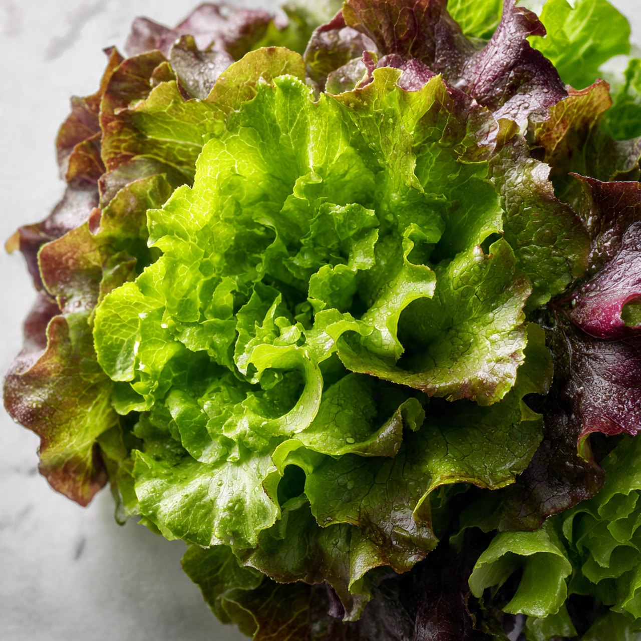 The image shows two side-by-side photos on a white marbled surface, both featuring a white bowl. On the left, a white bowl contains a creamy, light-colored mixture with small crumbly pieces being whisked by a woman's hand with red nail polish; behind the bowl, there is a small white jar with a yellow lid and a dark bottle with a white label. On the right, the same bowl is now filled with fresh, bright green lettuce leaves being tossed with wooden salad spoons held by a woman's hand with red nail polish, with the same jar and bottle in the background. Photo taken with an iphone --ar 4:5 --v 7