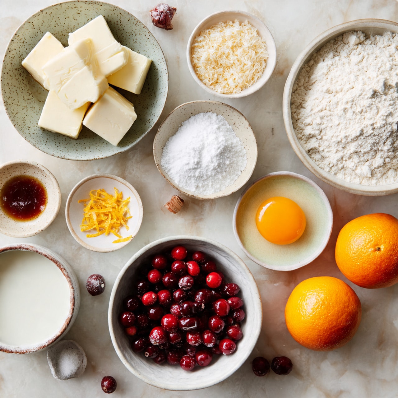 Seven golden-brown triangular scones filled with red cranberries are placed on a black cooling rack, arranged in two rows. Each scone is drizzled with a light yellow glaze in thin lines, adding a shiny texture on top. Around the scones, whole cranberries and bright orange slices are scattered, creating a contrast of colors. The setup is on a white marbled surface with a soft blue cloth on the right side, adding a cozy feel to the scene. photo taken with an iphone --ar 4:5 --v 7
