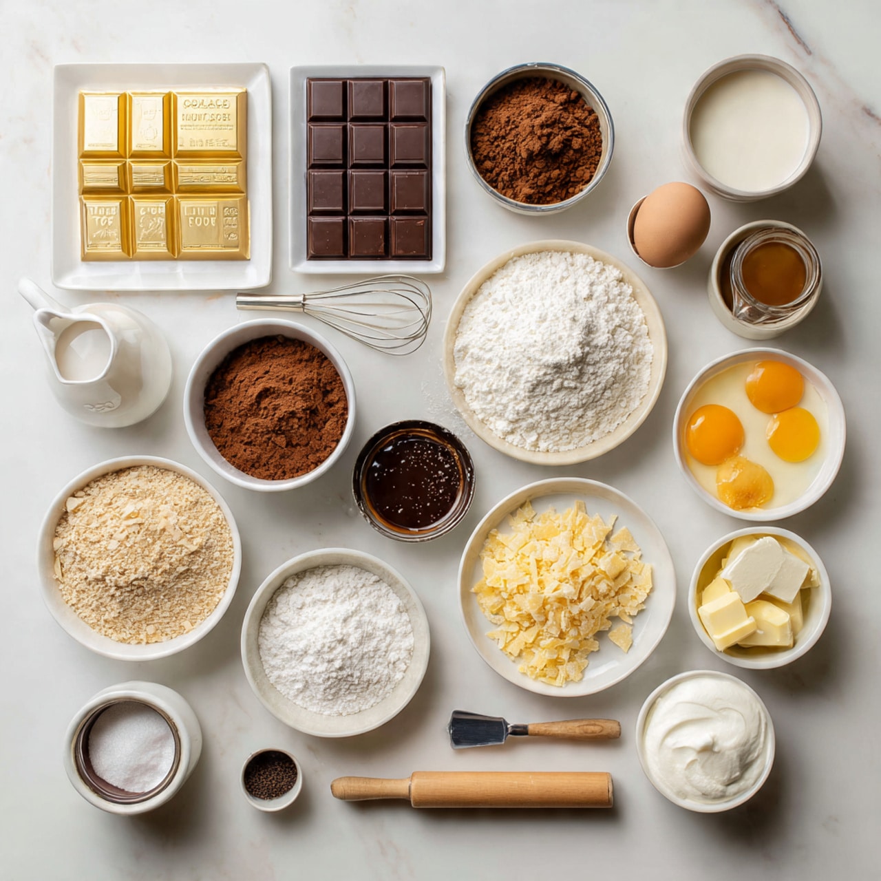 A round chocolate tart sits in the center of a white speckled plate on a white marbled surface. The tart has two layers: the bottom crust is dark brown and thick with a rough texture, and the top layer is a smooth, glossy dark chocolate ganache that reflects light softly. Around the edge where the two layers meet, there is a ring of small crushed nuts or crumbs adding texture and a slight color contrast. The background includes a blurred white ceramic vase with a branch, stacked white plates, and a bottle of milk, creating a clean and simple setting. photo taken with an iphone --ar 4:5 --v 7