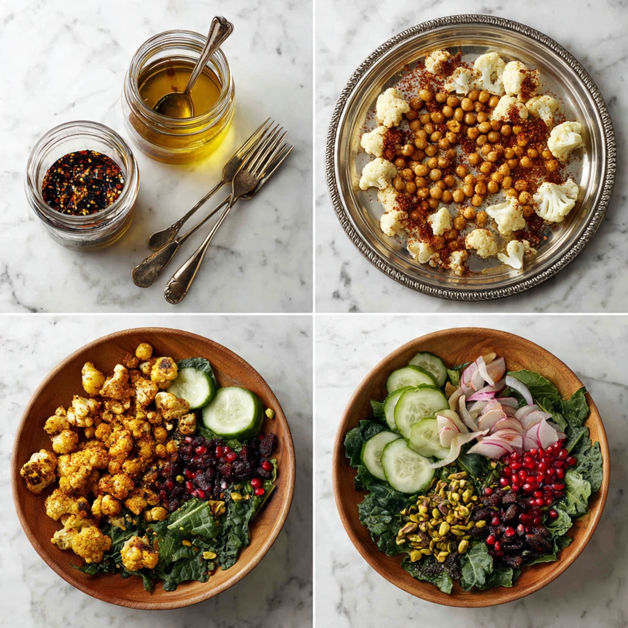 The image shows four photos of a salad preparation process on a white marbled surface. The top left photo has a jar with golden oil mixed with red and black spices. The top right photo shows a silver tray with raw chickpeas spread in the center and cauliflower pieces around the edges, sprinkled with reddish-brown spice blends on top. The bottom left photo shows the same silver tray with roasted golden-brown cauliflower and chickpeas, evenly spread out. The bottom right photo features a wooden bowl filled with layers of dark green leafy greens, sliced light green cucumbers, roasted cauliflower and chickpeas, bright red pomegranate seeds, light pink shallots, green crushed pistachios, white crumbled cheese, and some dark brown dried fruit pieces, with a small jar of dark dressing and two forks nearby. Photo taken with an iphone --ar 4:5 --v 7