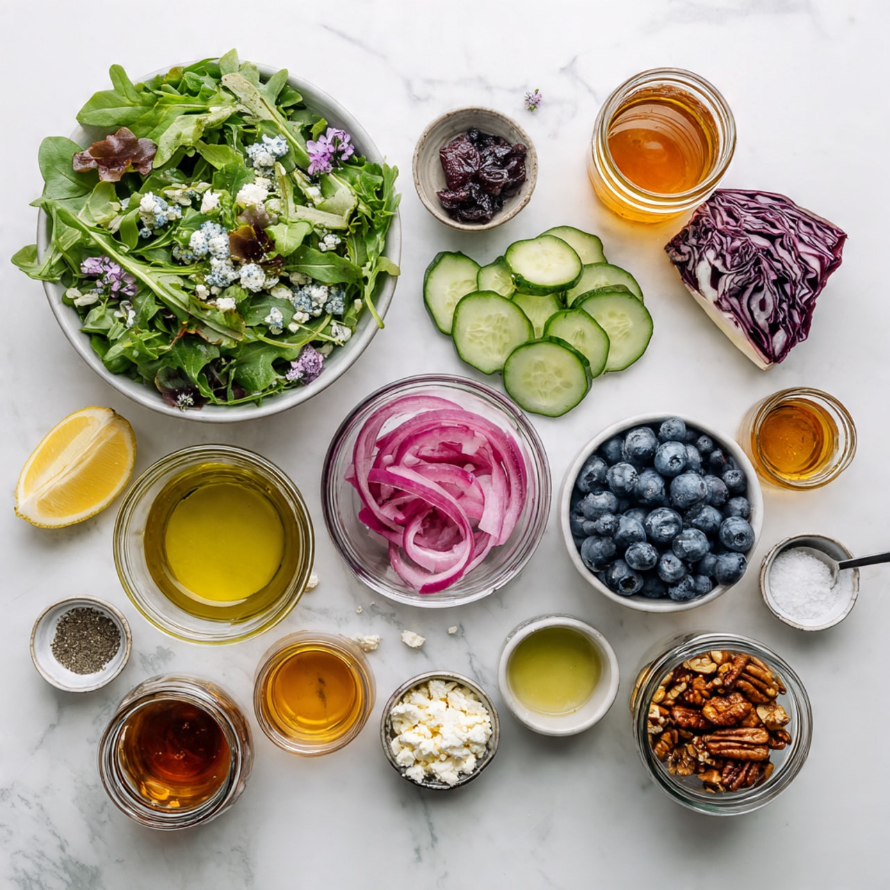 A large white bowl filled with a fresh salad containing multiple layers: dark green mixed leaves form the base, topped with thin slices of light green cucumber, small whole blueberries, thin strands of red onion, and scattered light purple edible flowers. Sprigs of fresh dill and other green herbs are spread evenly on top. Around the bowl on a white marbled surface, there are three small white bowls holding shiny brown pecans, a bright yellow salad dressing, and white crumbled cheese with a small spoon. Small purple flowers and green herb leaves are also placed decoratively around the bowls. A silver serving fork rests partly inside the salad bowl. Photo taken with an iphone --ar 4:5 --v 7