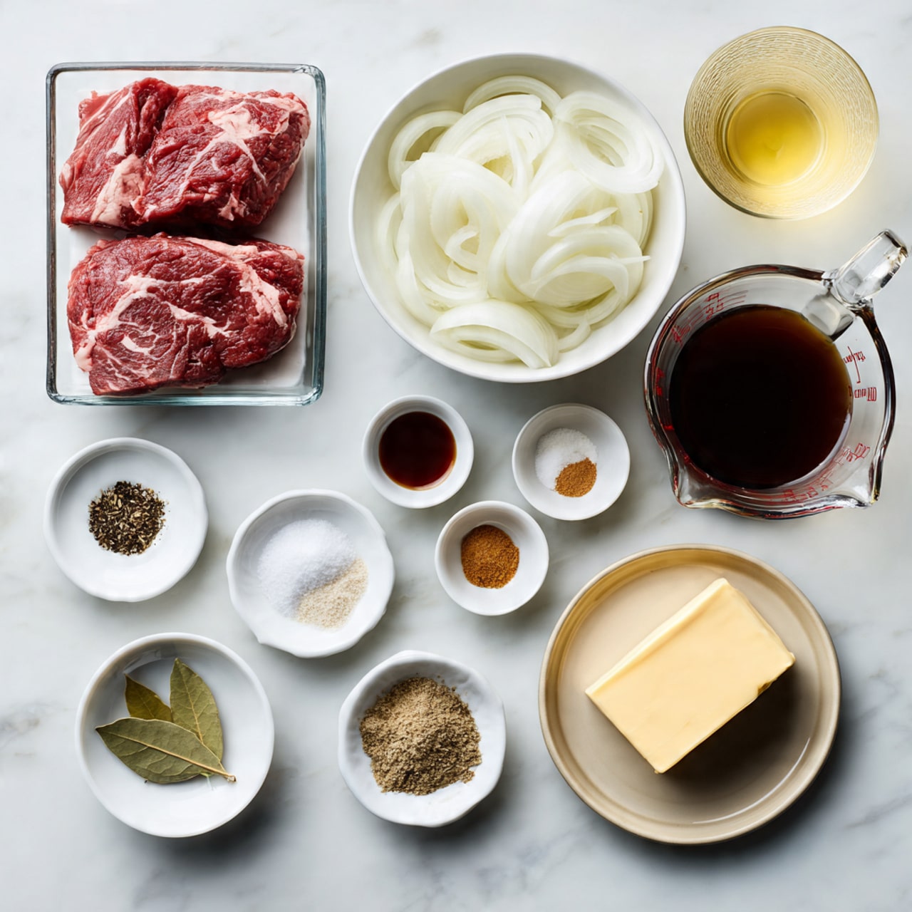 The image shows ingredients arranged neatly on a white marbled surface. There are two raw beef pieces placed in a clear glass dish at the bottom left. Above it, a large white bowl is filled with sliced white onions. To the right of the onions, there is a clear measuring cup with a dark brown liquid. Around these main items, small white dishes hold different spices and ingredients such as dried herbs, mustard, soy sauce, flour, garlic, salt, black pepper, and brown sugar. A small white plate holds two bay leaves, and a rectangular piece of butter sits on a beige plate near the center. A glass of light yellow liquid is also visible on the right top side. Everything is cleanly arranged with a simple and clear view. photo taken with an iphone --ar 4:5 --v 7