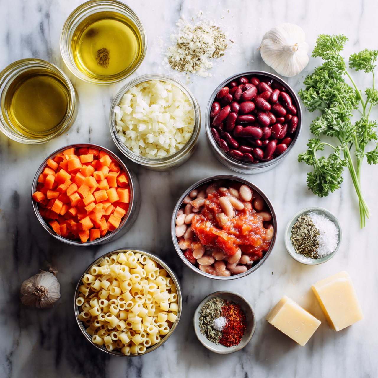 A large white pot filled with a thick vegetable soup showing many layers: a brownish broth mixed with red kidney beans, white beans, small pieces of orange carrot, light green celery, and some green herbs sprinkled on top. A wooden spoon scoops up some of the soup, highlighting the colorful beans and vegetables inside. The pot sits on a white marbled surface with a piece of toasted bread visible on the side. Photo taken with an iphone --ar 4:5 --v 7