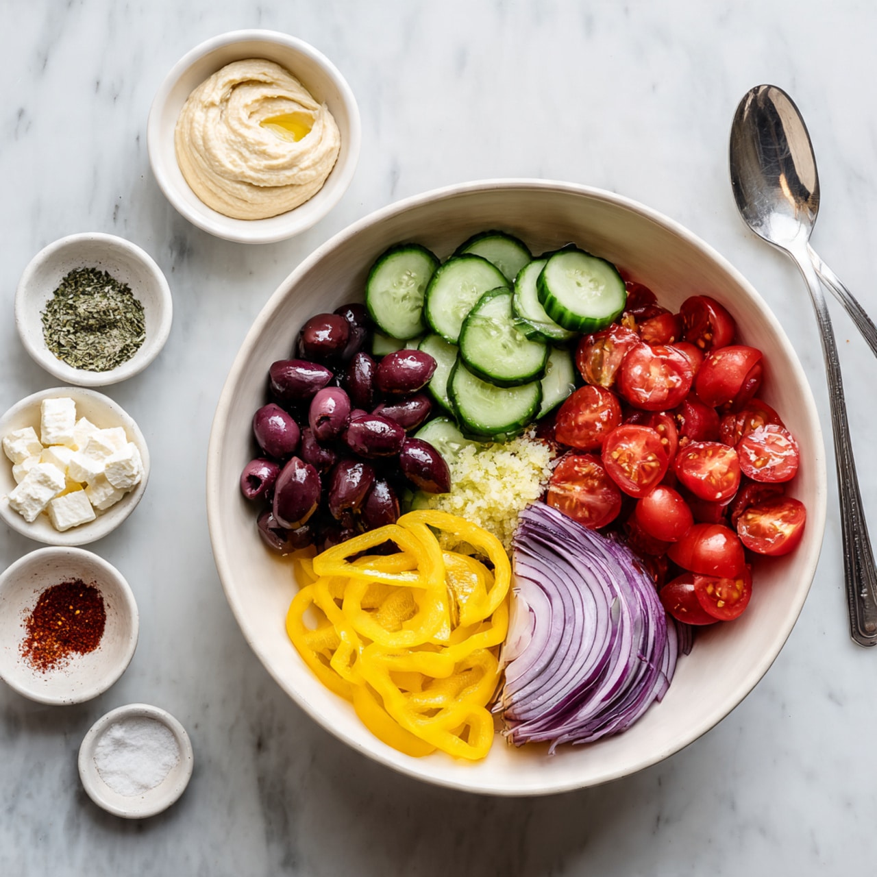 A large white bowl contains five fresh layers arranged separately: bright red halved cherry tomatoes on the top right, sliced light green cucumber on the bottom right, dark purple olives in the middle left, thin sliced purple-red onions at the top left, and yellow pepper rings at the bottom left. A small dollop of grated light yellow garlic sits near the cucumber. The ingredients look fresh and slightly shiny with a simple seasoning of herbs and olive oil visible. Surrounding the bowl on a white marbled surface are small white dishes holding coarse salt, red spice, soft white cheese, and a beige bowl with light creamy hummus. A metallic spoon lies near the top right of the main bowl. Photo taken with an iphone --ar 4:5 --v 7