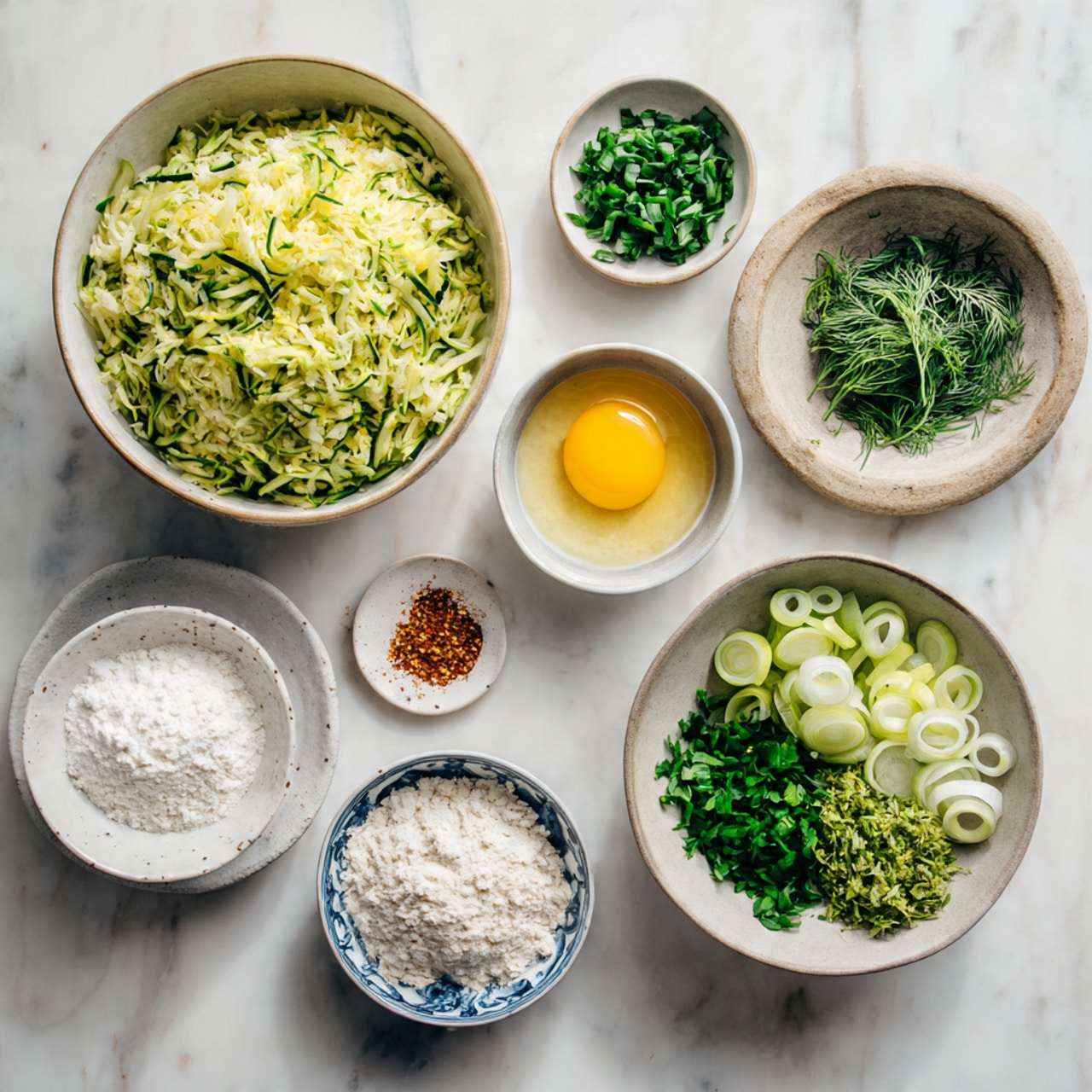 The image shows a white cloth placed on a white marbled surface, with a pile of shredded green zucchini sitting in the center of the cloth. Above the cloth is a white bowl with a thin dark blue rim, containing a small amount of green liquid at the bottom. The scene has a natural, homey feel with soft lighting highlighting the texture of the zucchini strands and the fabric folds of the cloth. photo taken with an iphone --ar 4:5 --v 7