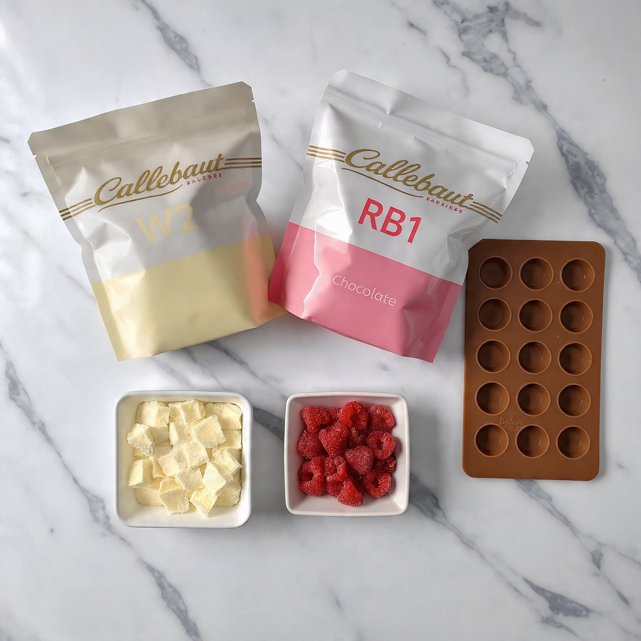 The image shows two large bags of Callebaut chocolate, one white and cream-colored labeled