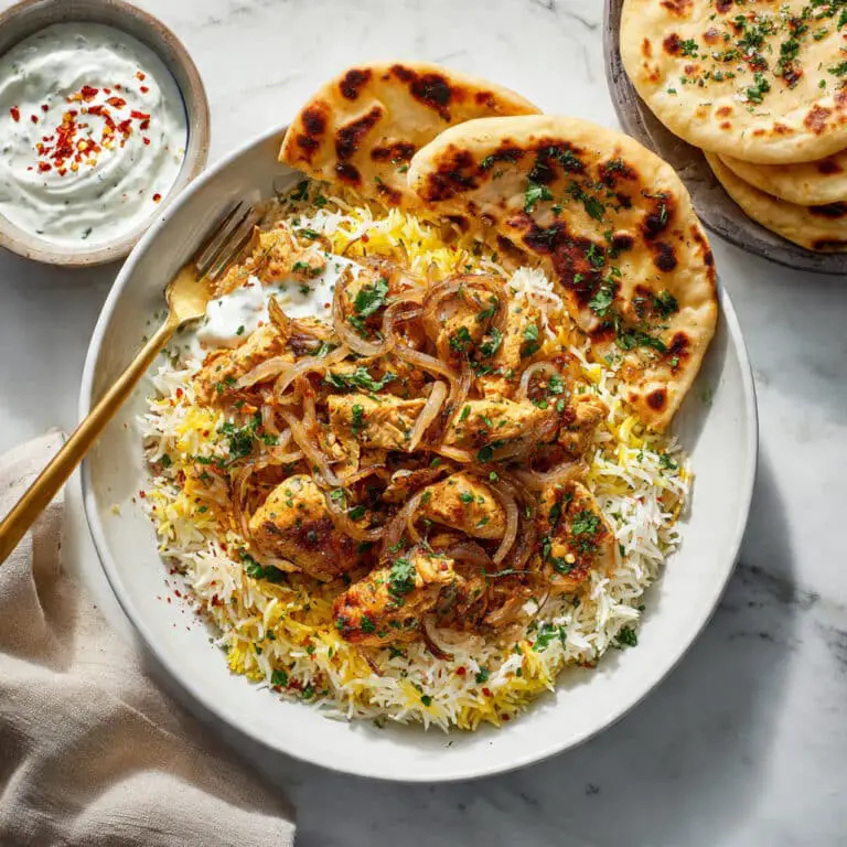 Creamy Chicken Biryani with Saffron, Fried Onions, and Toasted Almonds Recipe