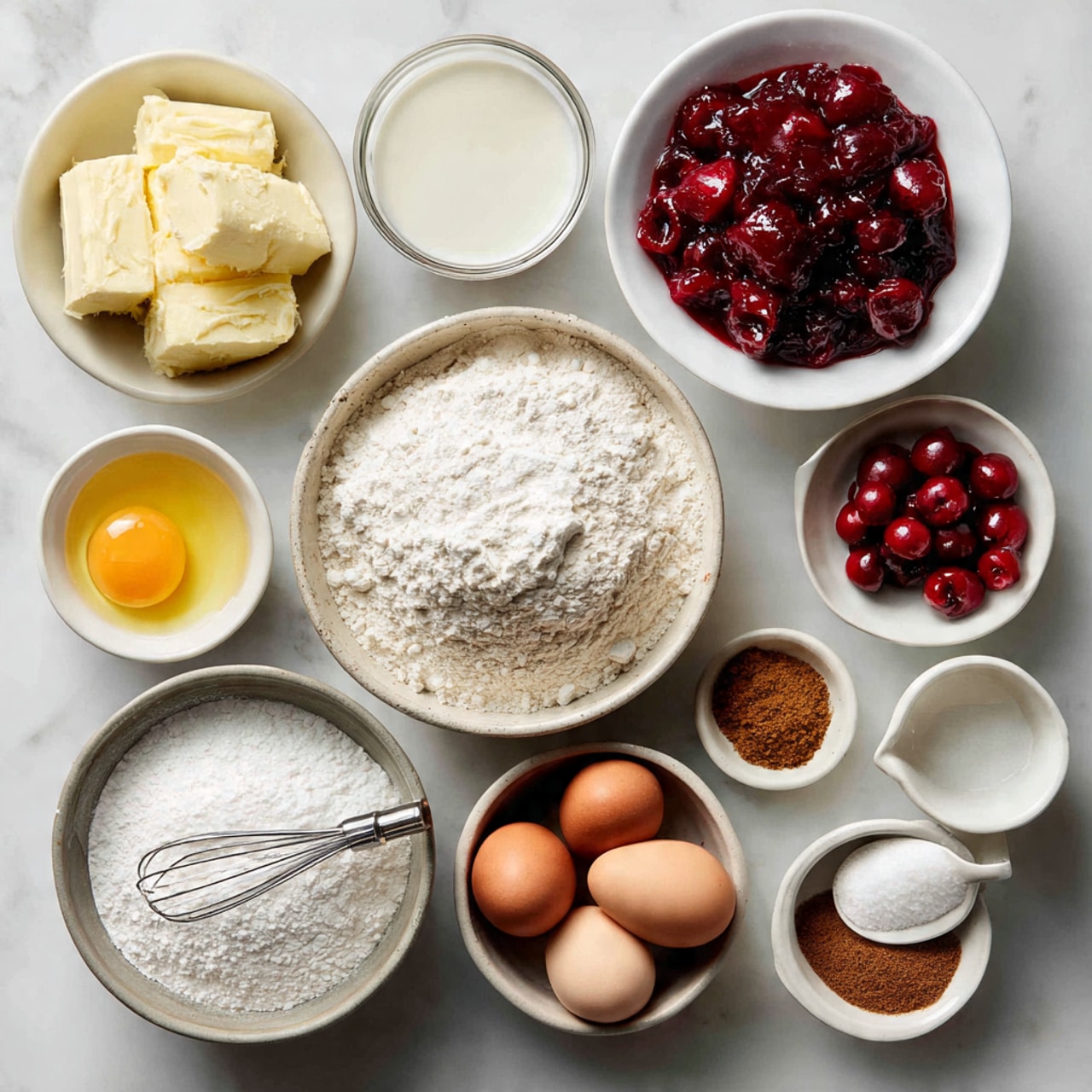 A square piece of cake sits on a white plate with a soft, light beige base layer. Above it is a thick bright red layer of jelly or fruit topping, slightly shiny and vibrant. The top layer is a pale beige cookie-like crust, uneven and crumbly in texture, with a thin white glaze drizzled over it that looks smooth and slightly glossy. The edges of the red layer peek out from beneath the top crust, adding a rich contrast to the light colors. The white marbled texture is visible underneath the plate. photo taken with an iphone --ar 4:5 --v 7