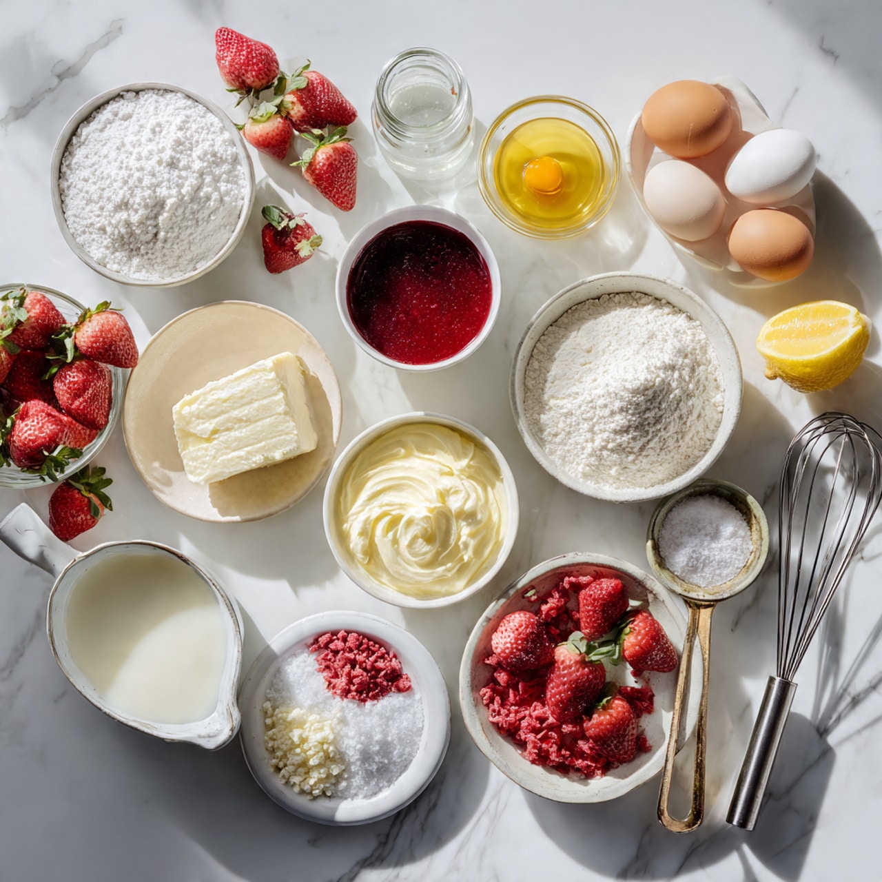 A slice of cake is shown with three clear layers on a stack of white plates set on a white marbled surface. The bottom layer is a fluffy light yellow sponge cake. The middle layer is a thin dark red jam-like filling that looks smooth and slightly shiny. The top layer is thick and pale pink with a soft, airy texture. On the top edge is a dollop of pink cream holding a whole dark red strawberry with a slightly rough surface. The lighting shows texture and softness clearly, with no other objects in the background. Photo taken with an iphone --ar 4:5 --v 7