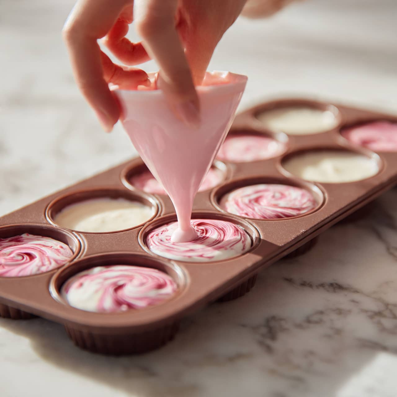 A close-up image shows a brown silicone mold with several round cavities, each with scalloped edges. Inside one cavity, there is a bottom layer of creamy white liquid while a pink liquid is being poured on top from a pink piping bag held by a woman's hand. Some of the cavities are filled with the white liquid only, while others have a pink swirl pattern on top. The surface under the mold is a white marbled texture. The image focuses on the act of filling the mold, highlighting the contrast between the pink and white layers. photo taken with an iphone --ar 4:5 --v 7