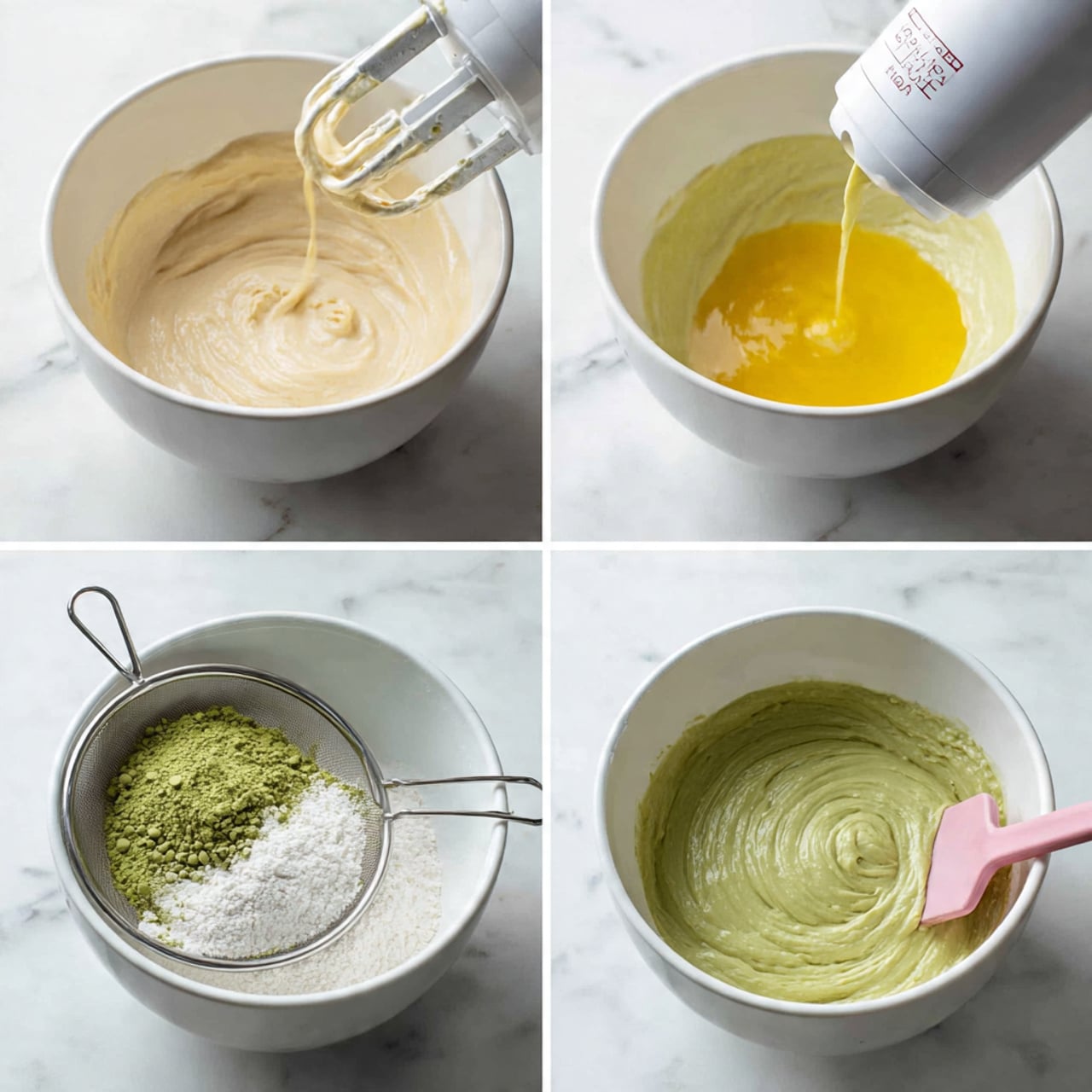 The image shows a white bowl filled with bright green matcha tea that has a thin layer of bubbles on top, placed on a white marbled surface. Above it, there is another small white bowl full of finely ground vibrant green matcha powder. To the left of the tea bowl, there is a small wooden spoon holding some matcha powder, with a few green powder granules spilled onto the white marbled surface. To the right of the bowls, there is a light bamboo matcha whisk lying flat. Two glossy dark green leaves rest near the edge of the tea bowl, adding a natural touch. photo taken with an iphone --ar 4:5 --v 7