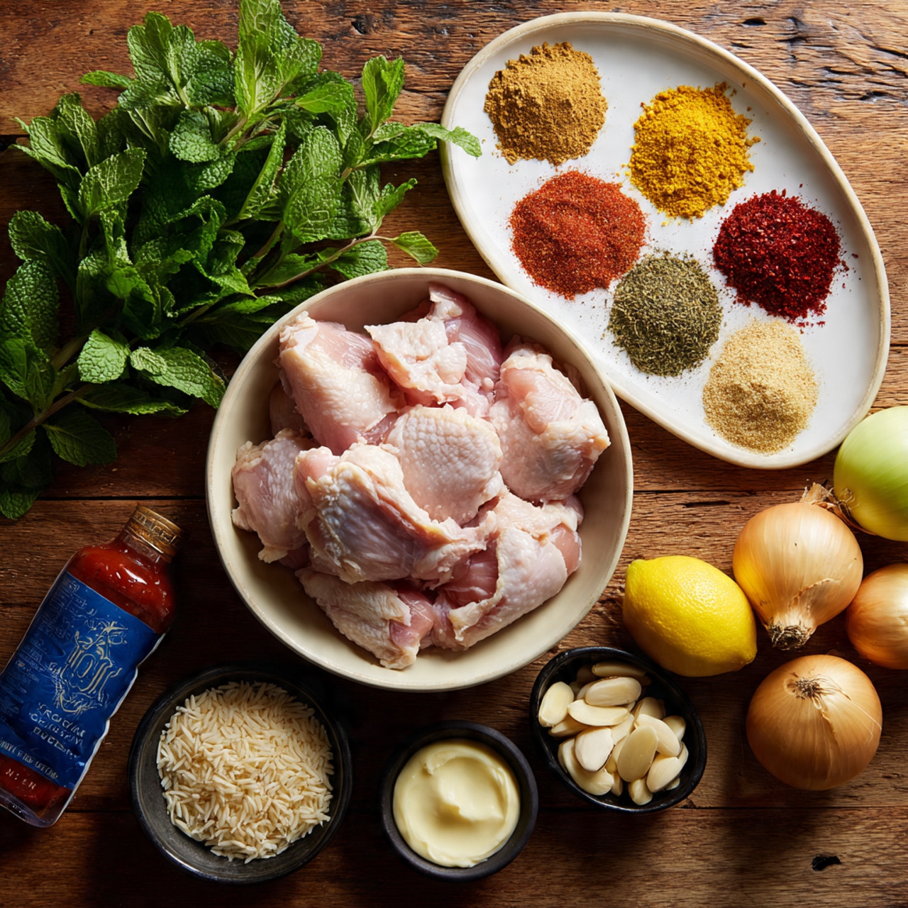 A white bowl filled with raw chicken pieces sits in the center on a wooden surface, surrounded by fresh green herbs on the left, including mint and coriander. Above the bowl, a white plate holds piles of various colorful spices in shades of yellow, red, light brown, and dark brown. To the right, there are two whole onions, two green chili peppers, a lemon, and a garlic cluster. Below them, small white and black dishes hold cream, sliced almonds, and yellow and light brown pastes. A blue packet of basmati rice and a tube of red paste rest near the chicken bowl. The whole setup is on a wooden surface. Photo taken with an iphone --ar 4:5 --v 7